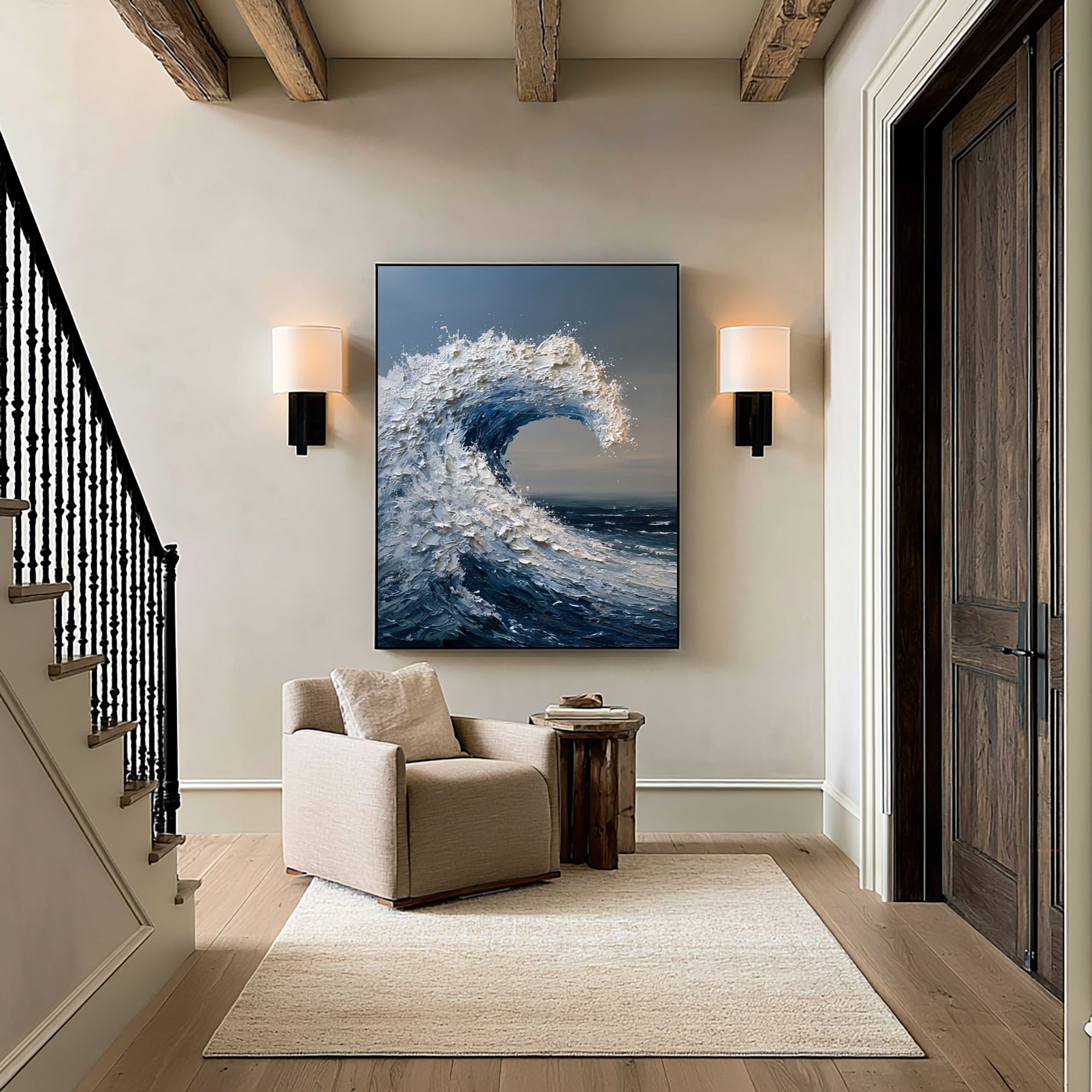 Large Ocean Wave Wall Art Textured Oil Painting Coastal Seascape Modern Abstract Sea Wave Artwork Contemporary Luxury Home Decor