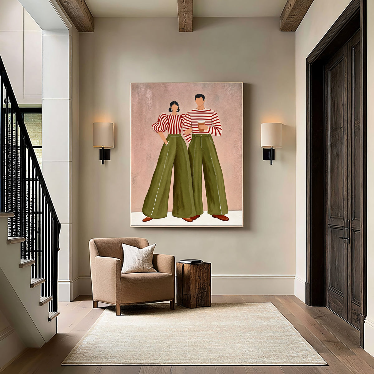 Contemporary Fashion Couple Painting Green Pants Striped Tops Wall Art