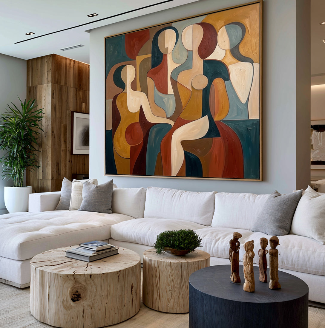 Large Modern Abstract Female Figures Wall Art Colorful Figurative Oil Painting Geometric Women Portrait Contemporary Living Room Decor