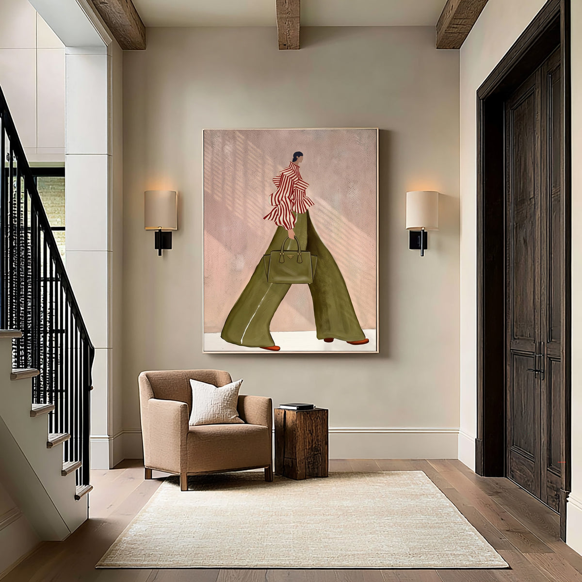 Woman From Behind Green Pants Fashion Painting Contemporary Wall Art
