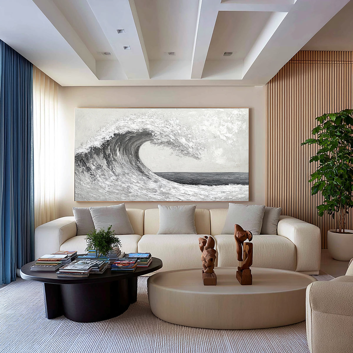 Textured Abstract Wave Monochrome Ocean Artwork Handmade Seascape Black White Gray Coastal Wall Art