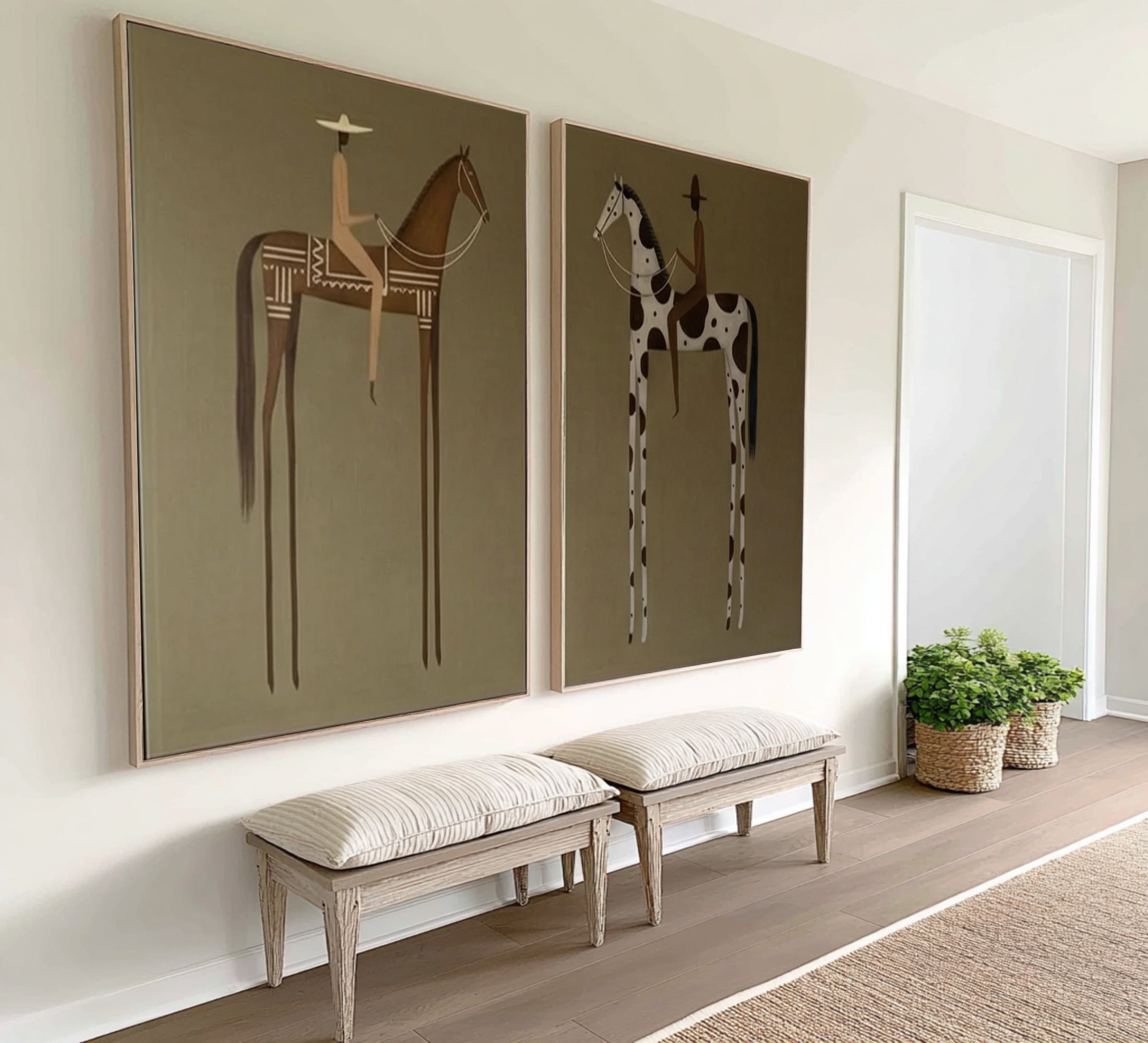 Large Contemporary Horse Rider Diptych Wall Art Minimalist Equestrian Canvas Set