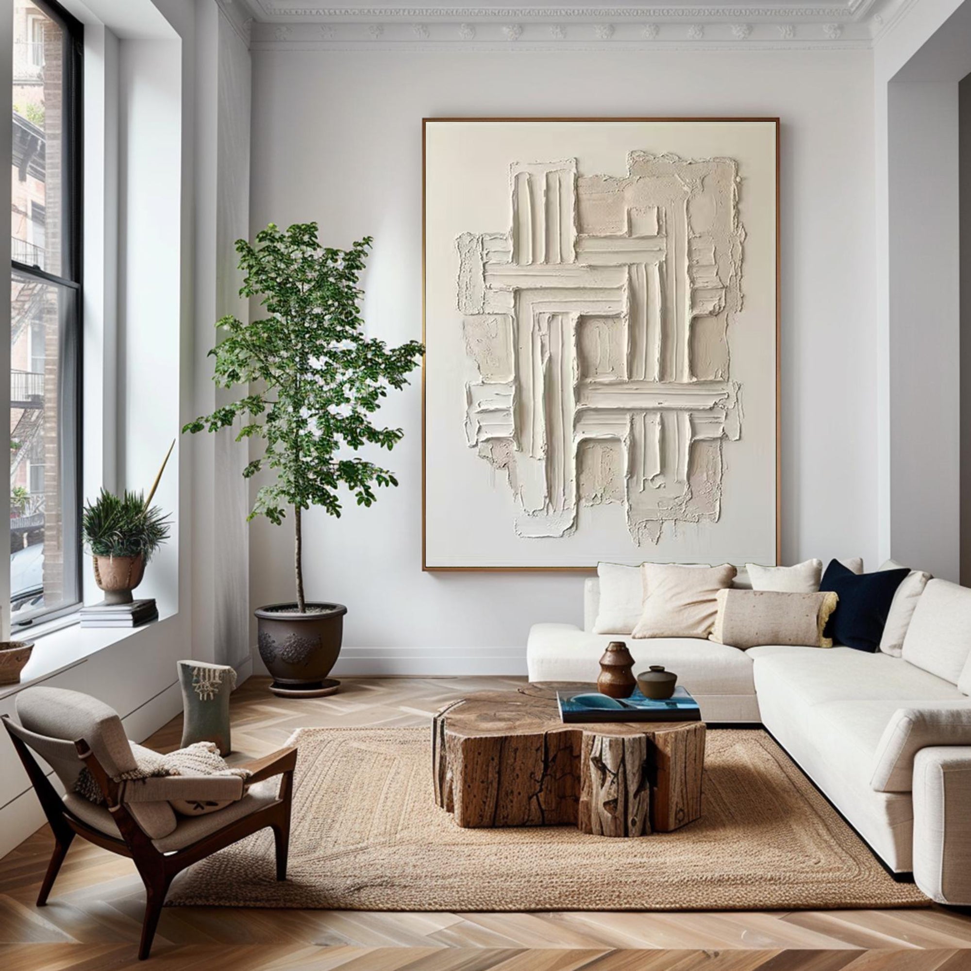 Large Hand Painted Neutral Oil Painting with Textured Geometric Wall Art Design