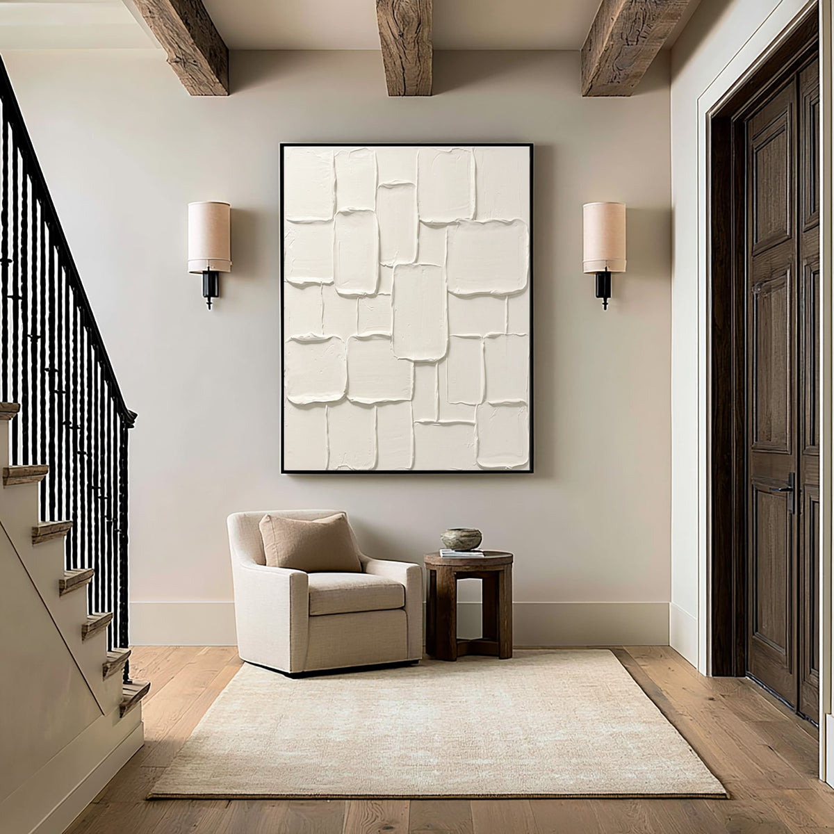 Large Modern Rounded Sculptural Relief Wall Art Ivory Cream Abstract Oil Painting Organic Rectangular Shapes Thick Impasto Texture Minimalist Luxury Interior Decor