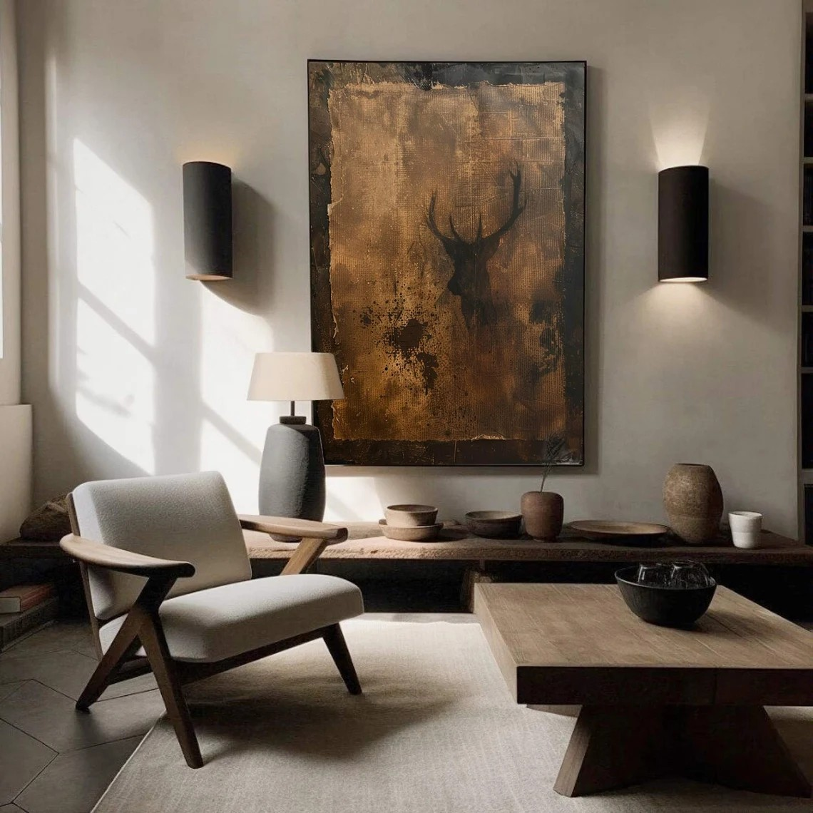 Rustic Painting, Deer Silhouette, Wabi-Sabi Inspired Wall Art #BGA 079