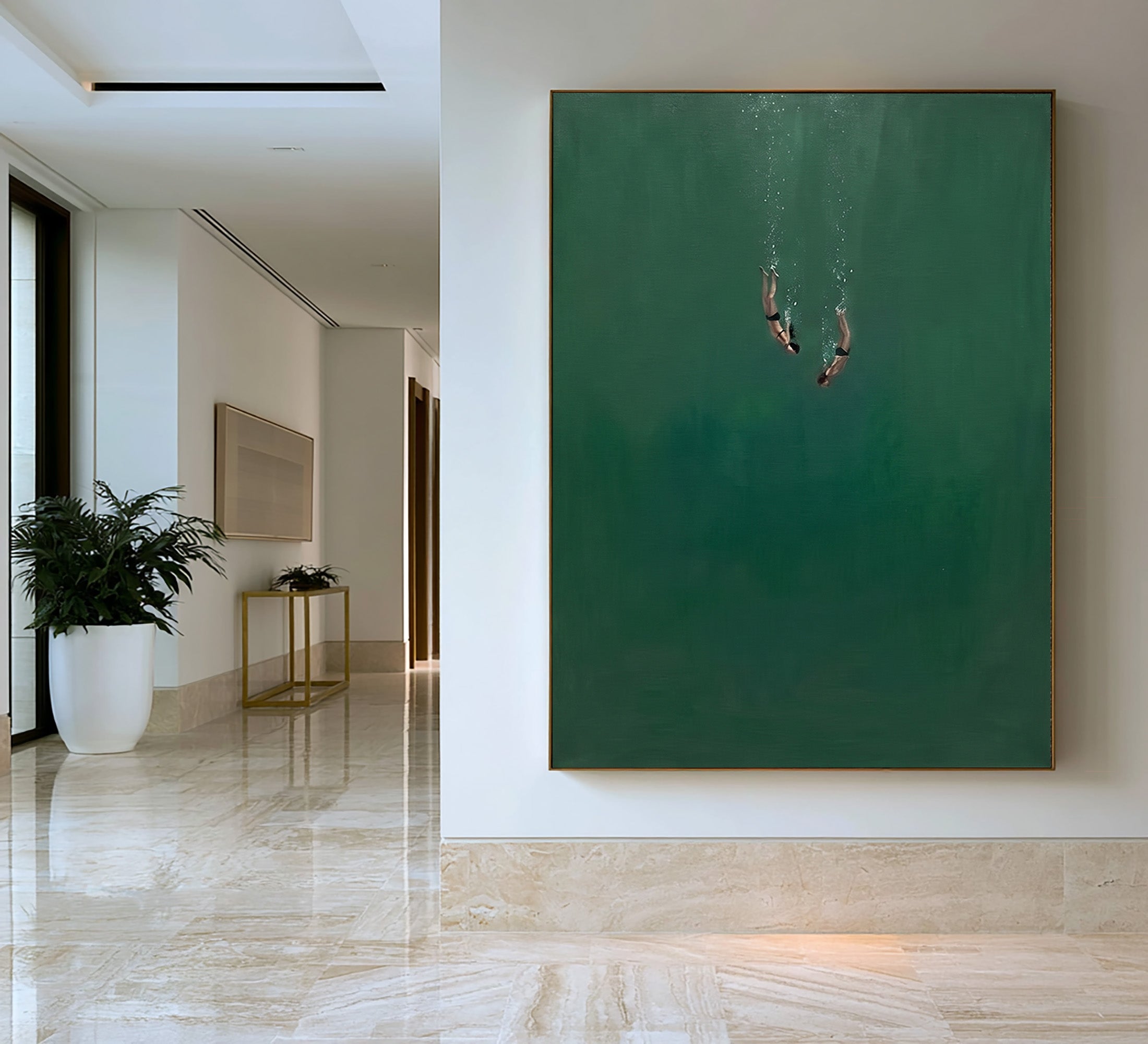 Large Minimalist Underwater Swimmer Wall Art Contemporary Ocean Oil Painting