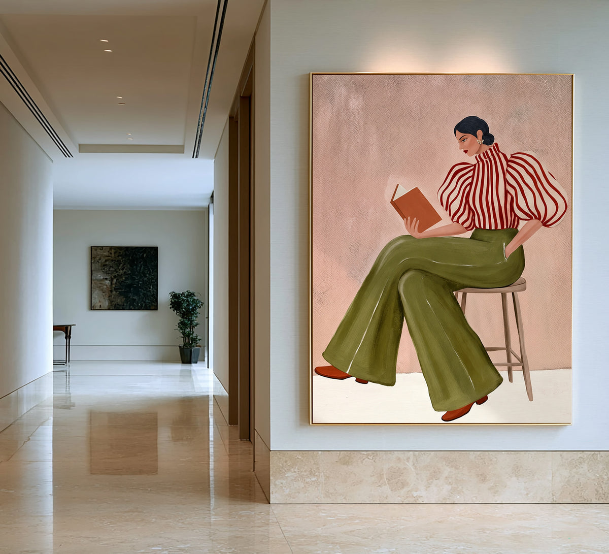 Fashion Woman Reading Book Striped Blouse Olive Green Pants Painting