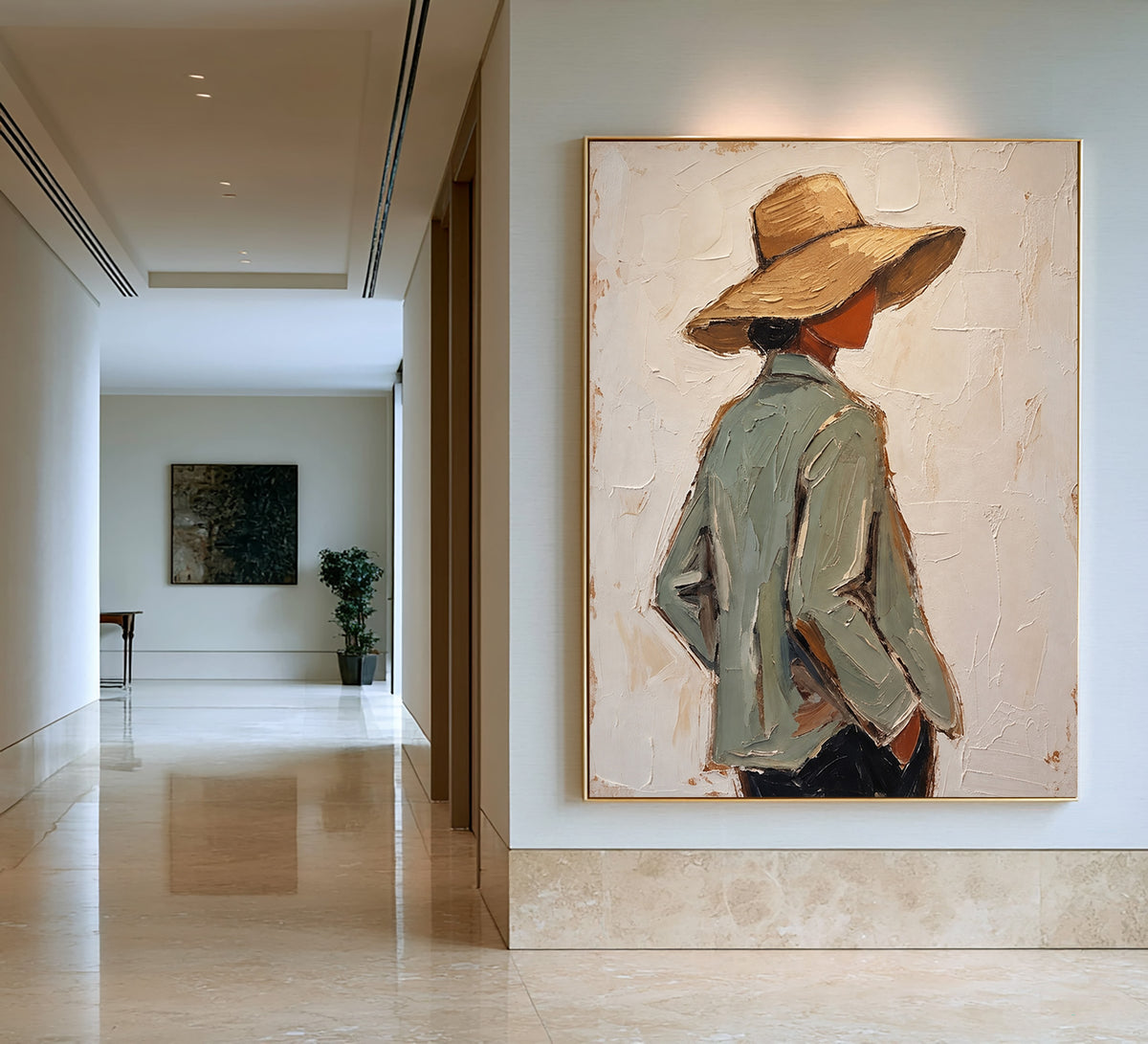 Textured Woman Portrait Sage Green Jacket Straw Hat Painting