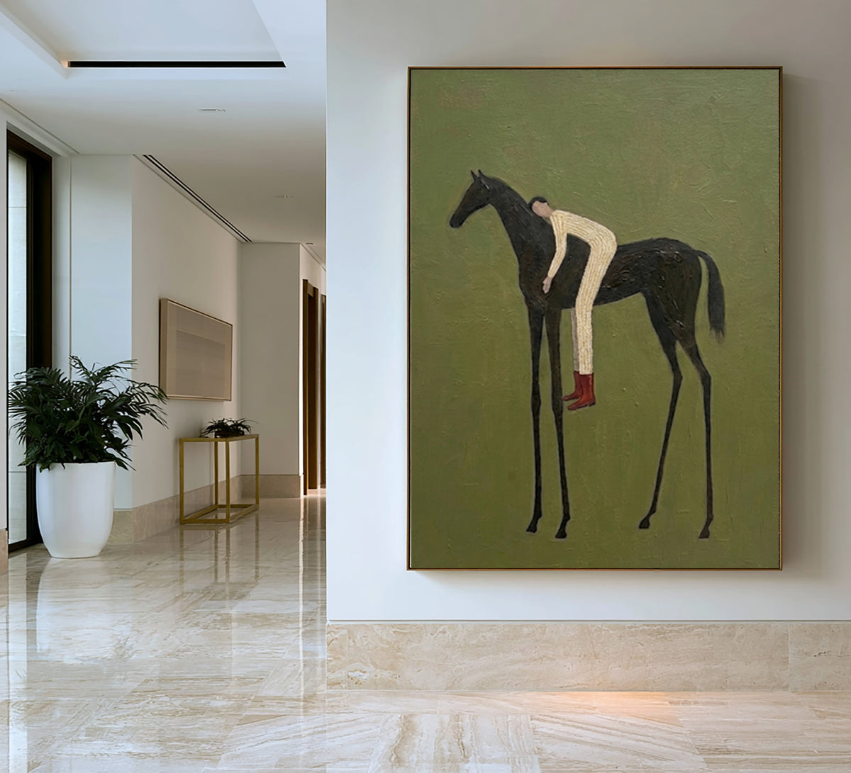 Large Olive Green Equestrian Wall Art Horse Rider Oil Painting Cowboy Cowgirl Inspired Western Americana Artwork Modern Home Decor