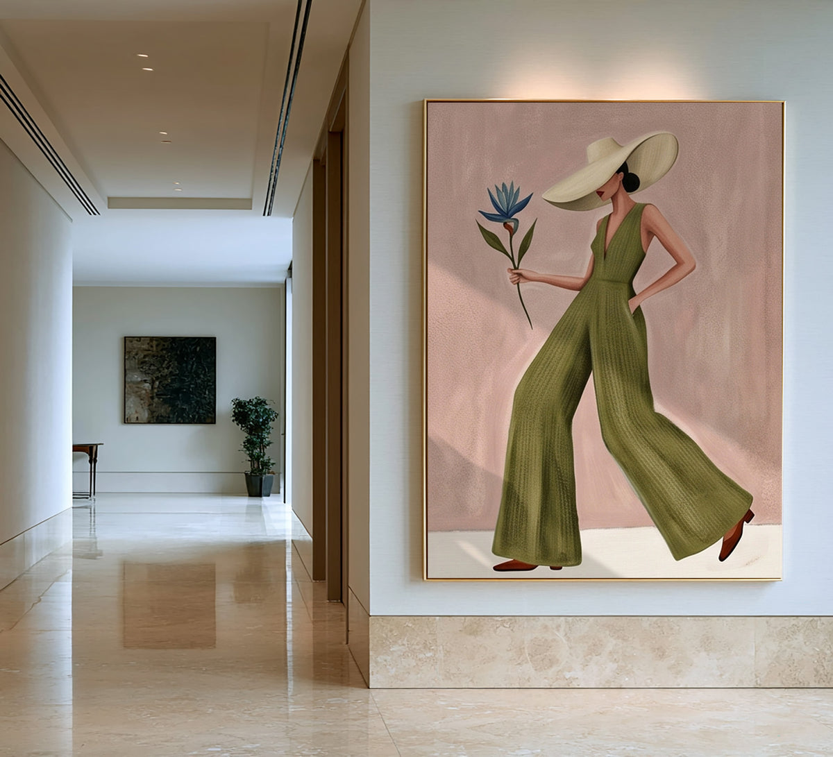 Fashion Woman Painting Green Jumpsuit Modern Wall Art