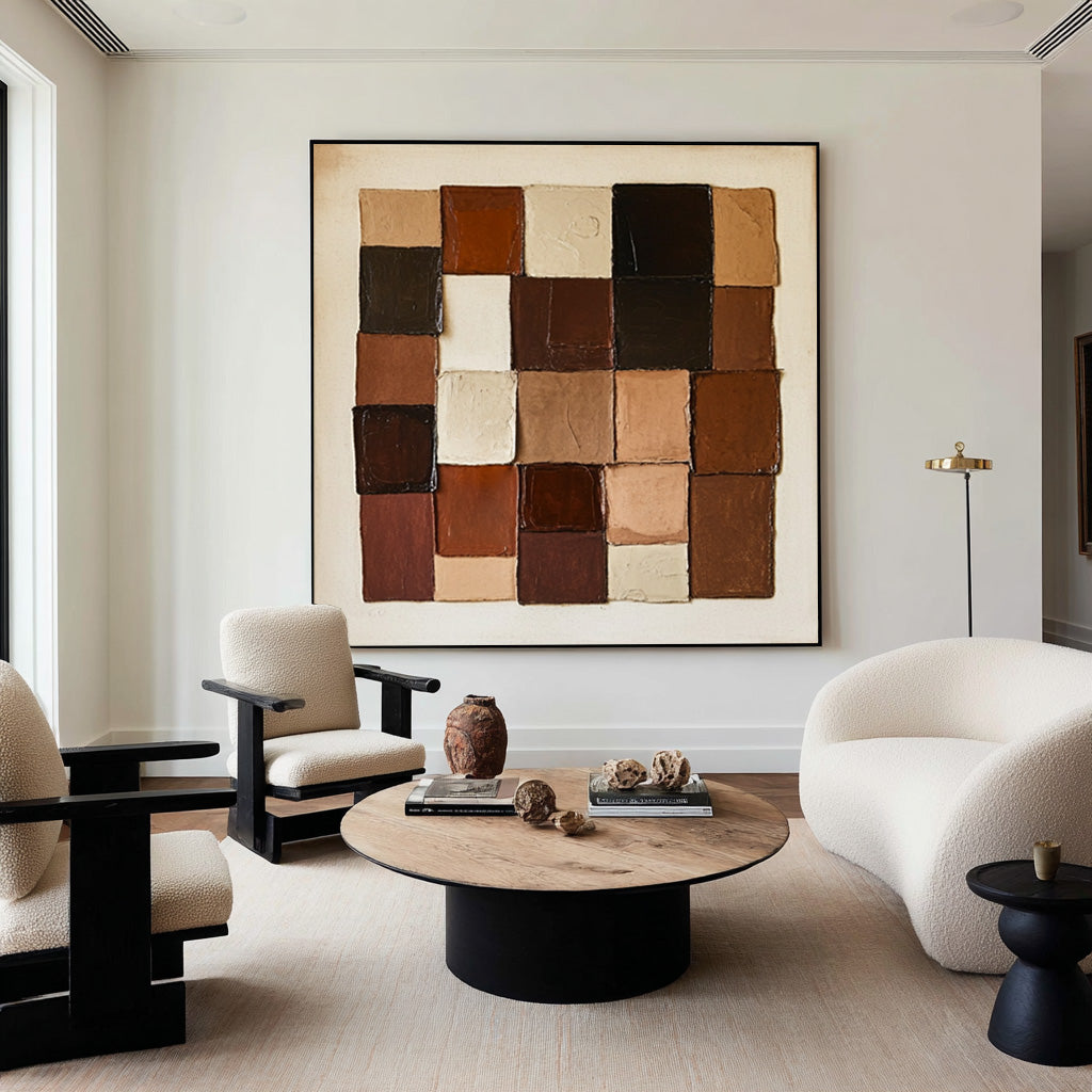 Large Abstract Oil Painting Geometric Blocks, Earth Tone Wall Art for Entryway Decor | ArtvistaGallery #WAB 010