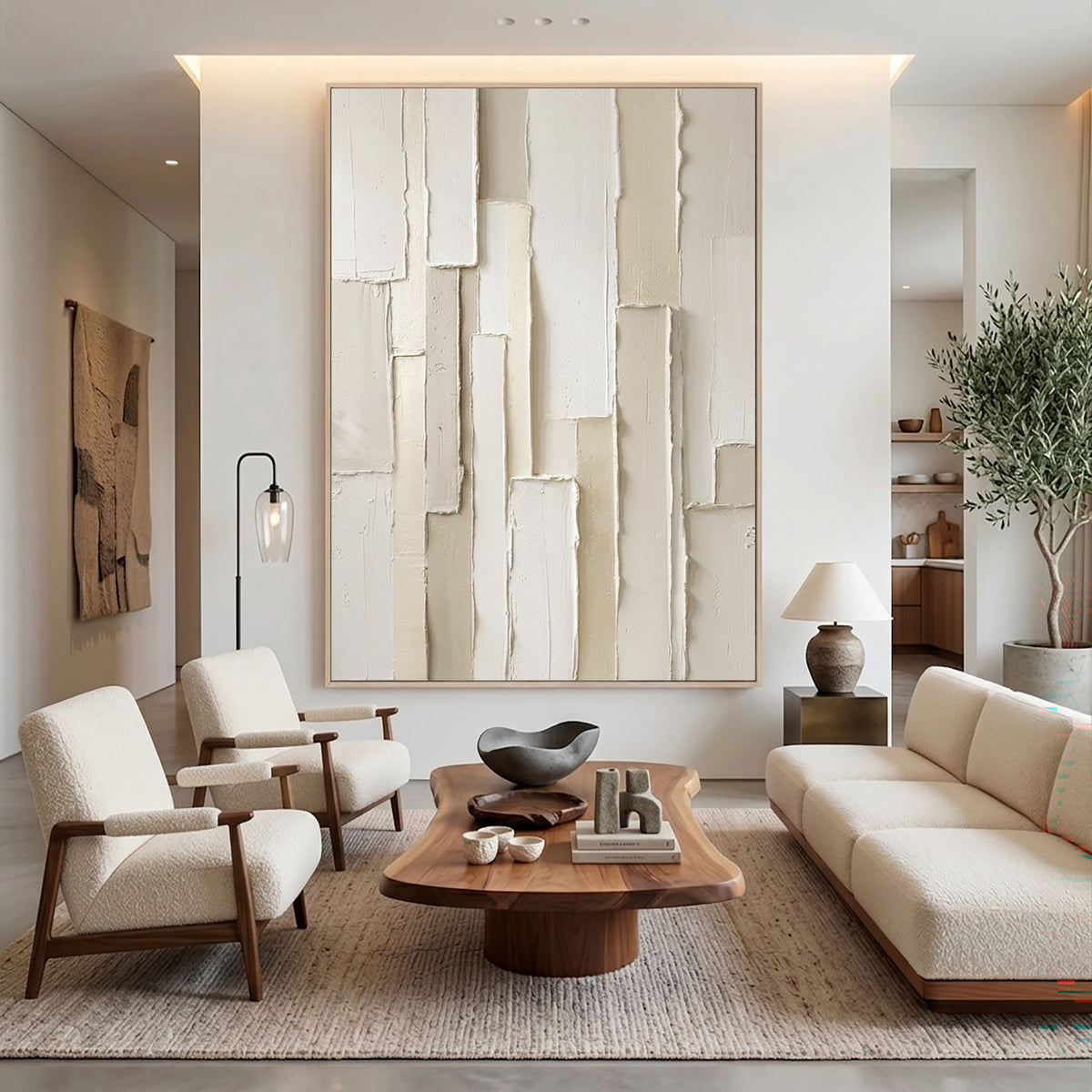 Large Modern Vertical Geometric Textured Wall Art White Beige Abstract Oil Painting 3D Raised Rectangular Relief Contemporary Home Decor