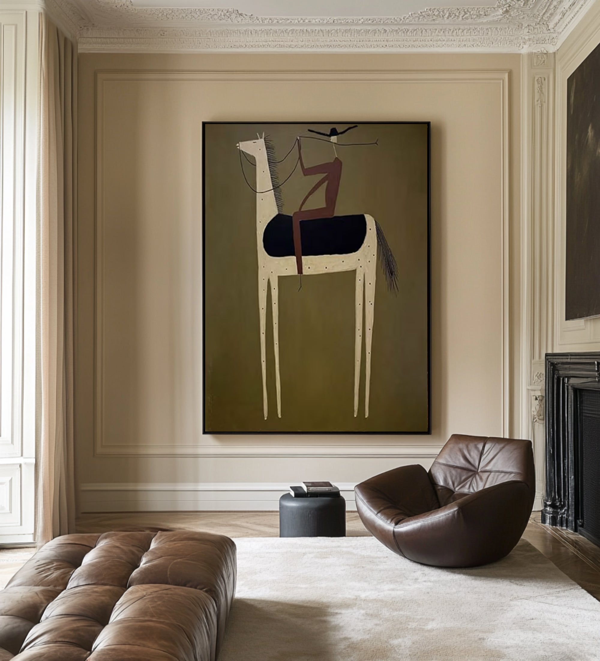 Large Abstract Horse Rider Painting Olive Green Contemporary Wall Art