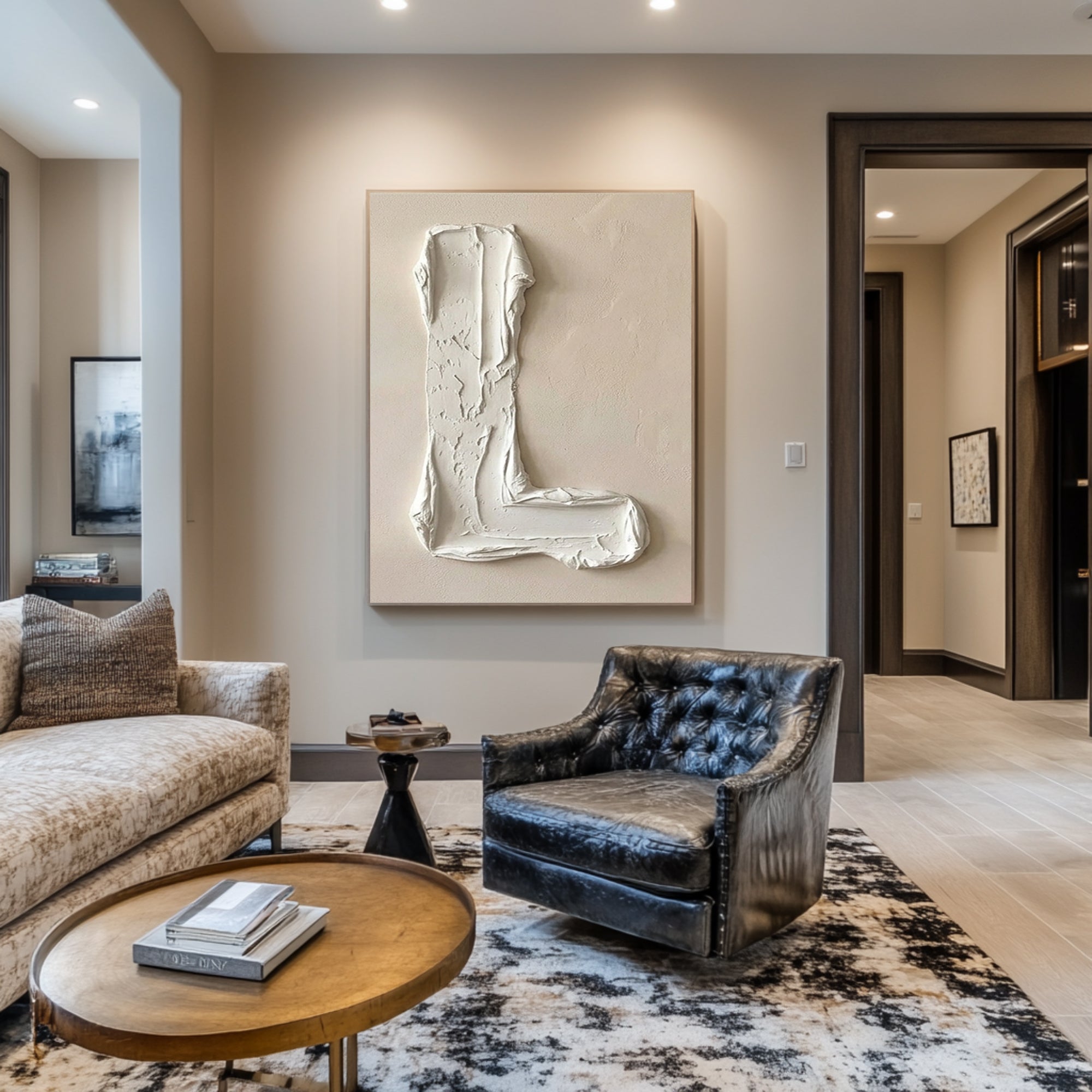Large Minimal Letter Oil Painting – Contemporary Neutral Texture Wall Art 