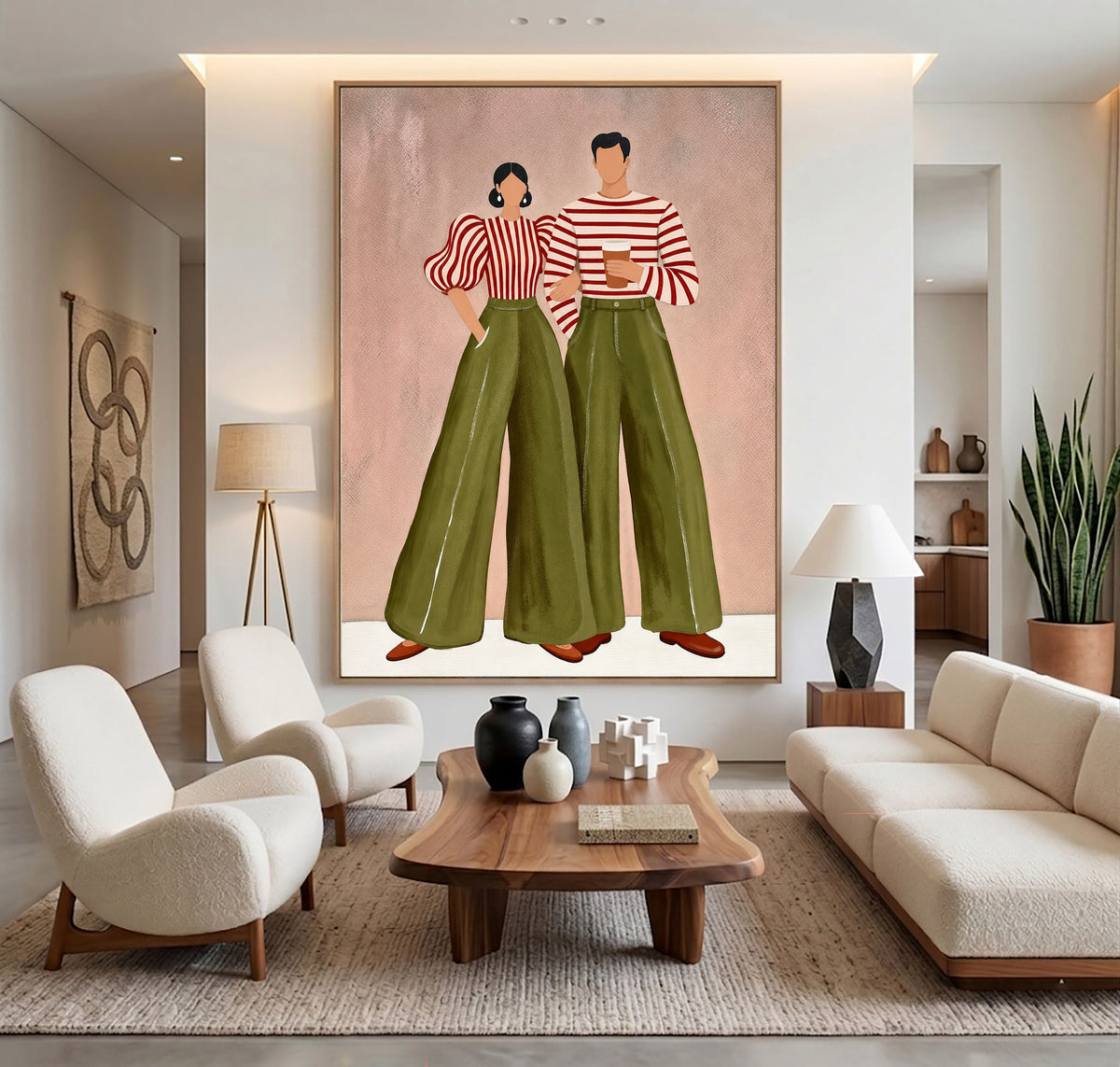 Contemporary Fashion Couple Painting Green Pants Striped Tops Wall Art