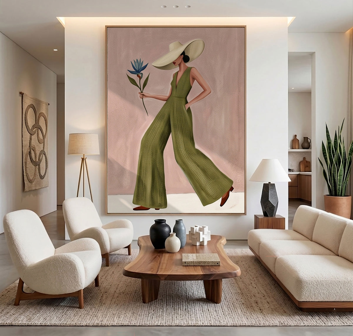 Fashion Woman Painting Green Jumpsuit Modern Wall Art