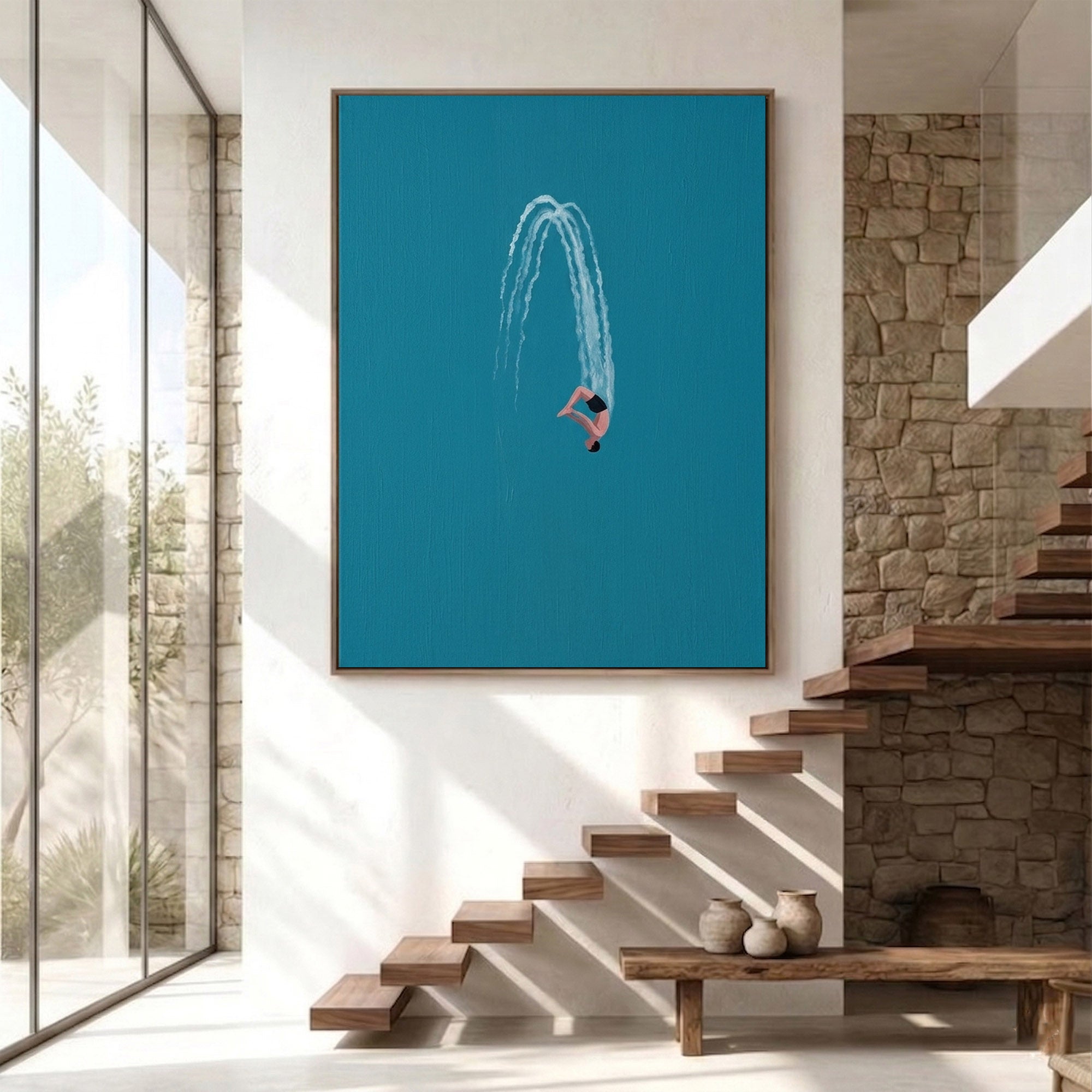 Large Minimalist Diver Wall Art Contemporary Ocean Blue Painting