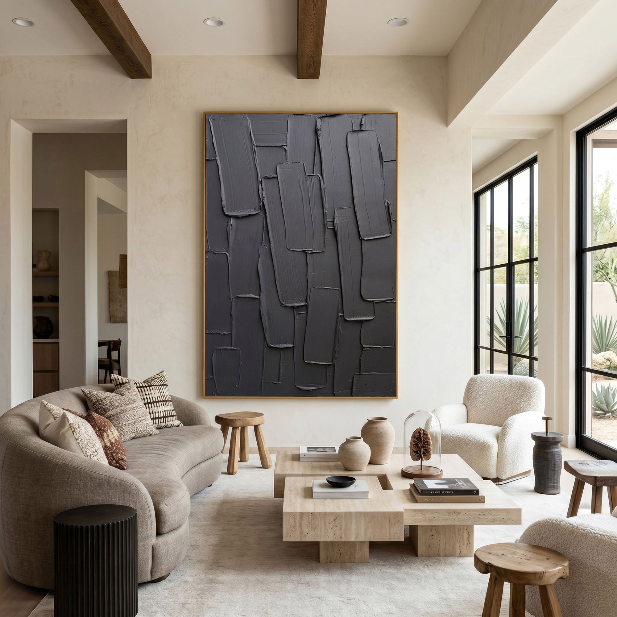 Large Black Textured Wall Art Modern Abstract Oil Painting Impasto Layered Minimalist Contemporary Decor