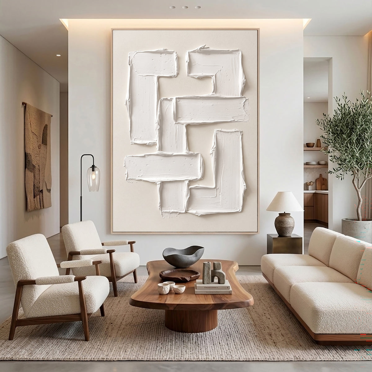 Large Modern Geometric Impasto Relief Wall Art Ivory Cream Abstract Oil Painting Thick Textured Rectangles Sculptural Minimalist Contemporary Living Room Decor