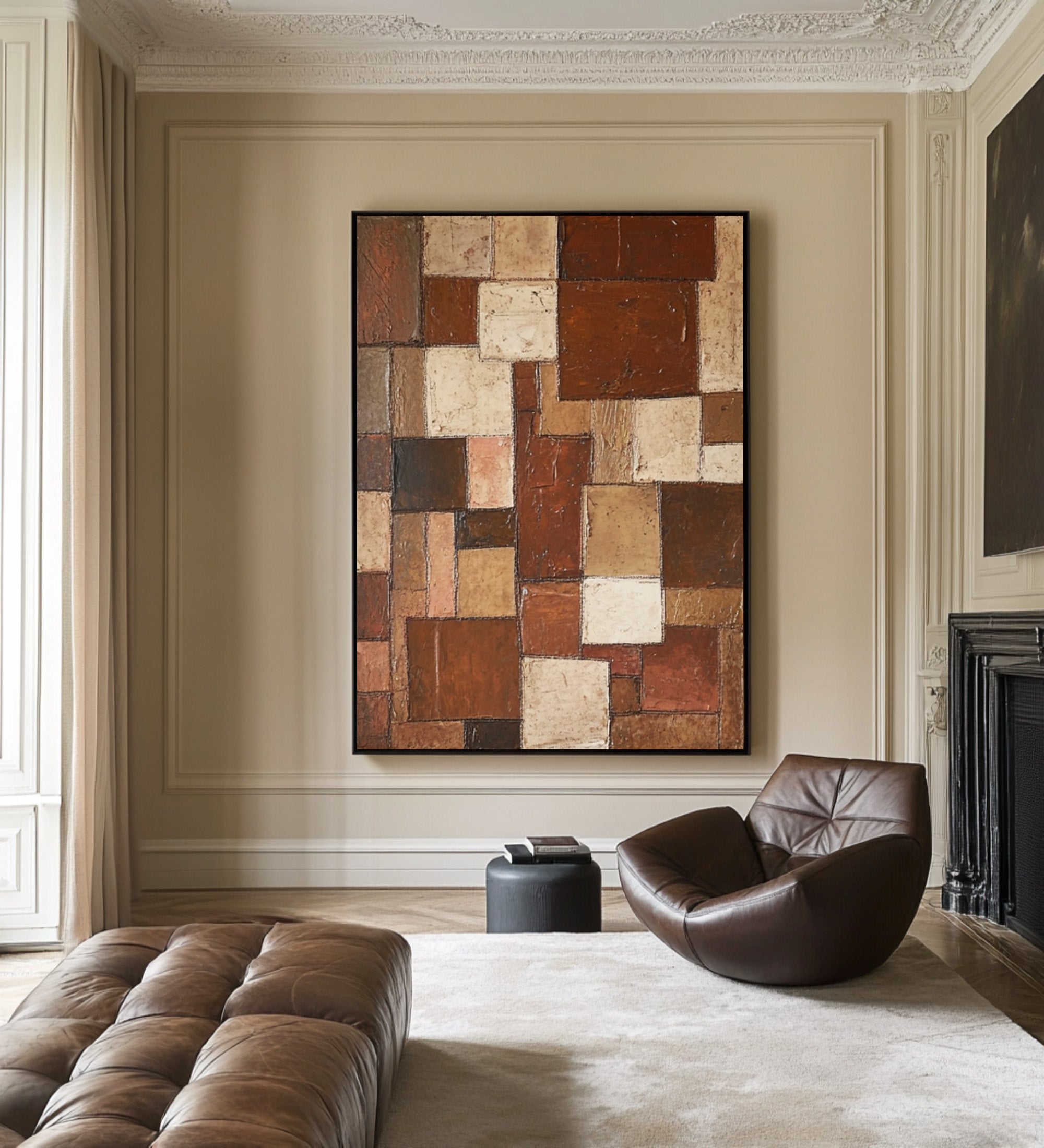 Large Abstract Oil Painting, Earth Tone Geometric Wall Art, Vertical Modern Entryway Decor | ArtvistaGallery #WAB 003