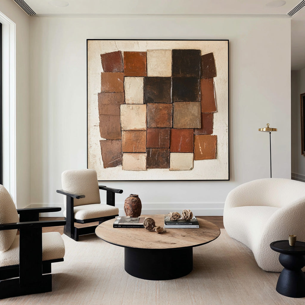 Large Abstract Oil Painting Earth Tone Geometric Art, Textured Modern Wall Art for Living Room | ArtvistaGallery #WAB 007
