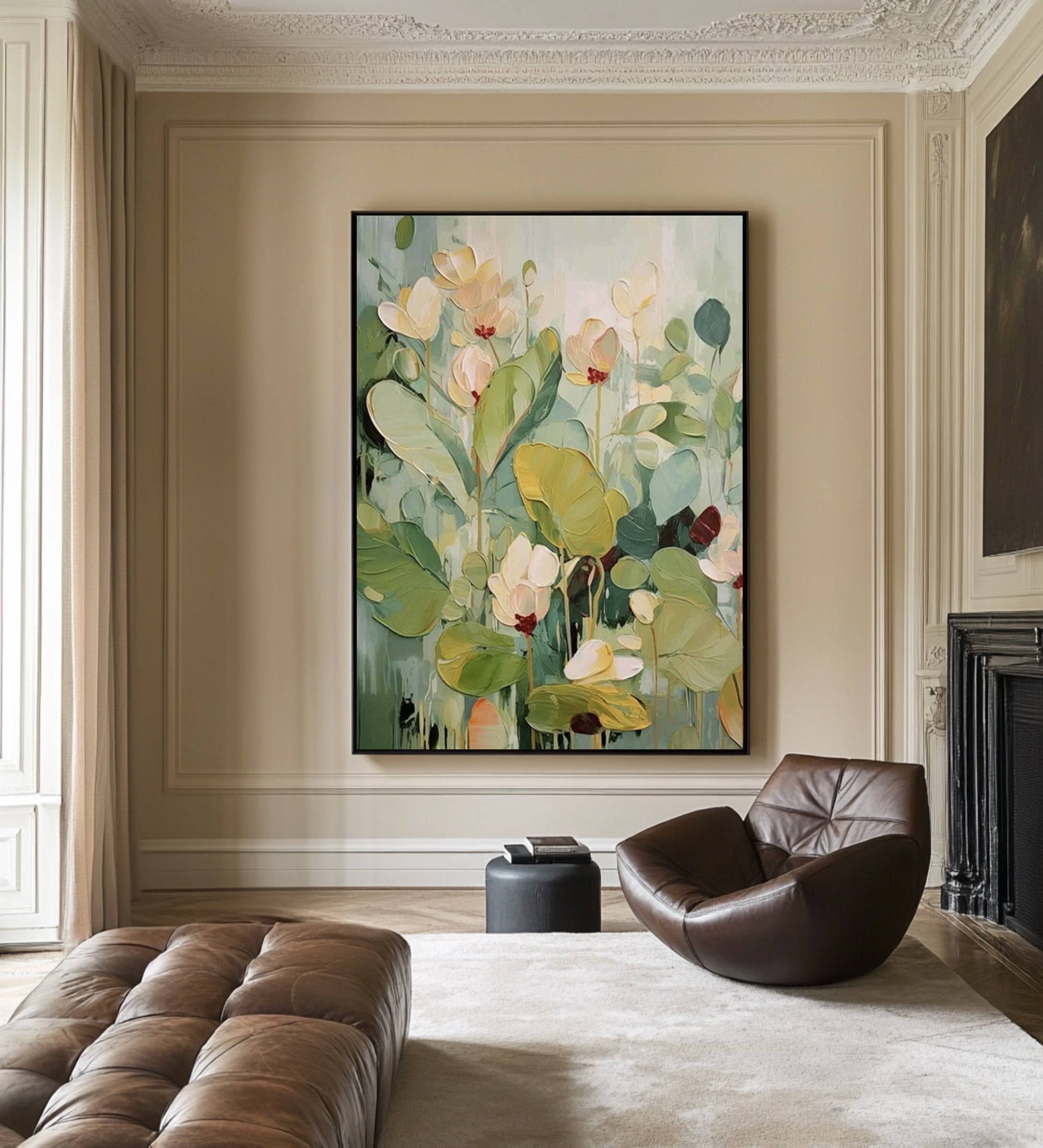 Large Botanical Floral Painting Modern Green Wall Art 
