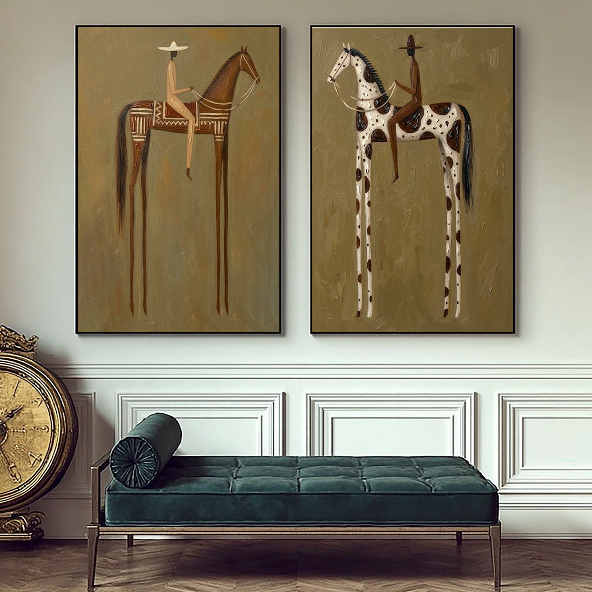 Large Cowboy Cowgirl Wall Art Western Ranch Horse Oil Painting Diptych 