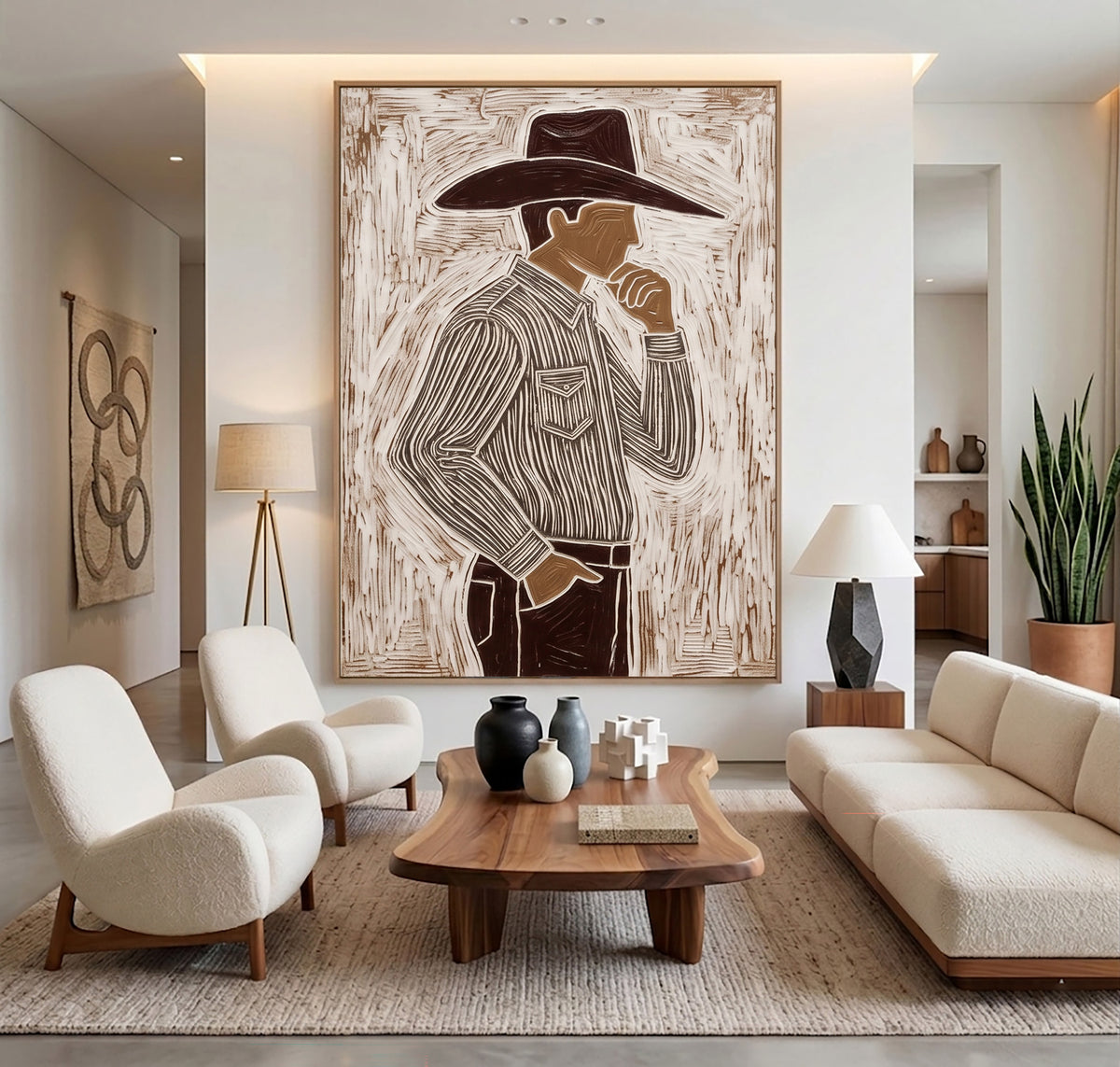 The Man Beneath the Brim Western Cowboy Painting Contemporary Figurative Hand Painted Wall Art