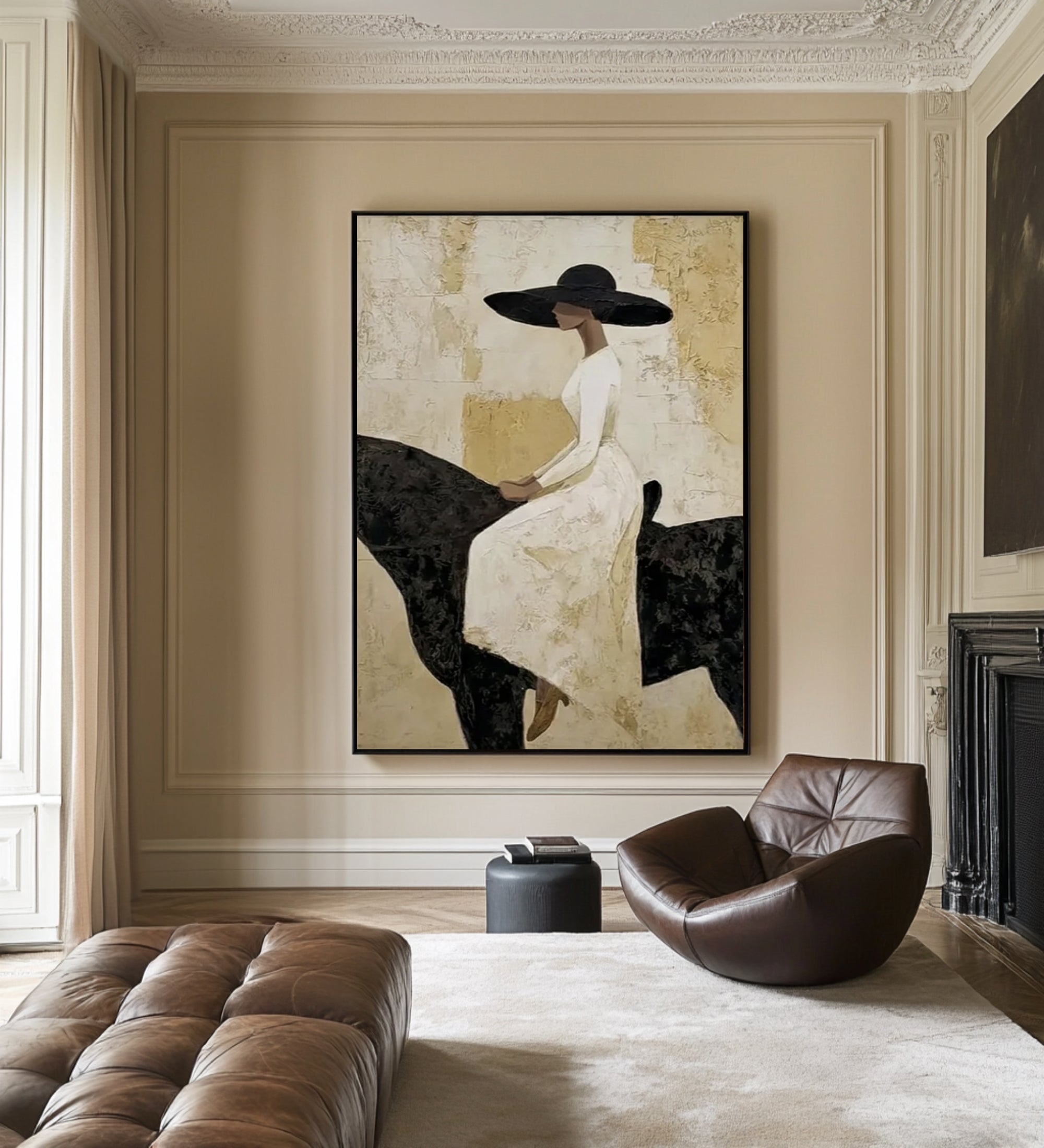 Luxury Woman on Black Horse Painting Elegant Neutral Wall Art