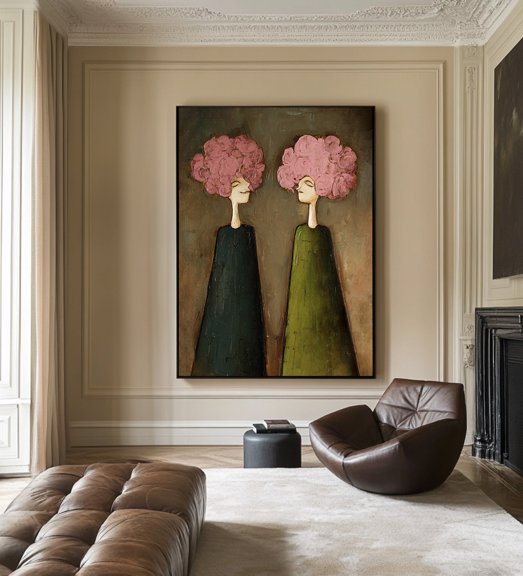 Large Pink Floral Portrait Oil Painting – Modern Green Dress Canvas Wall Decor #WAB 041