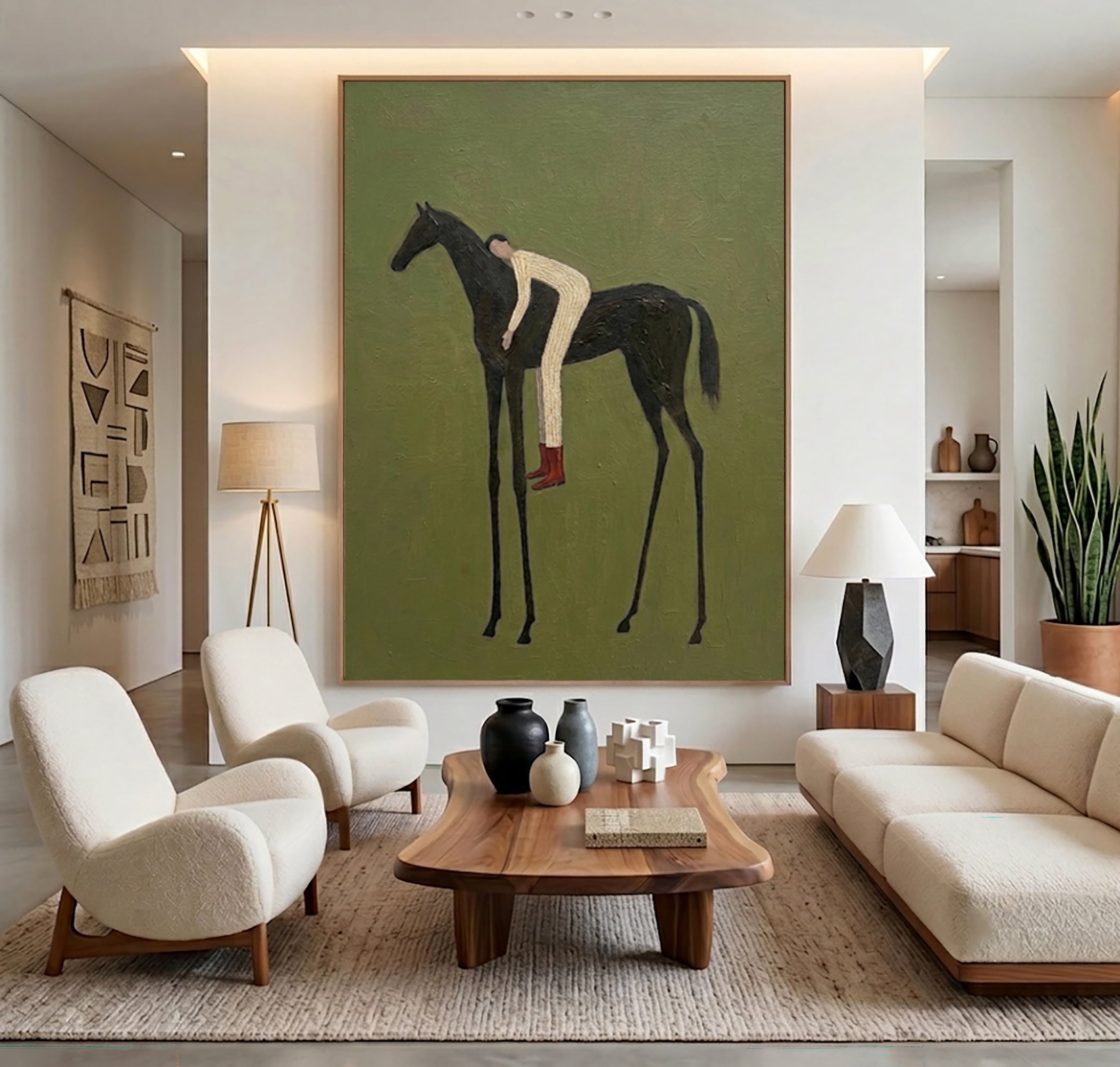 Large Olive Green Equestrian Wall Art Horse Rider Oil Painting Cowboy Cowgirl Inspired Western Americana Artwork Modern Home Decor