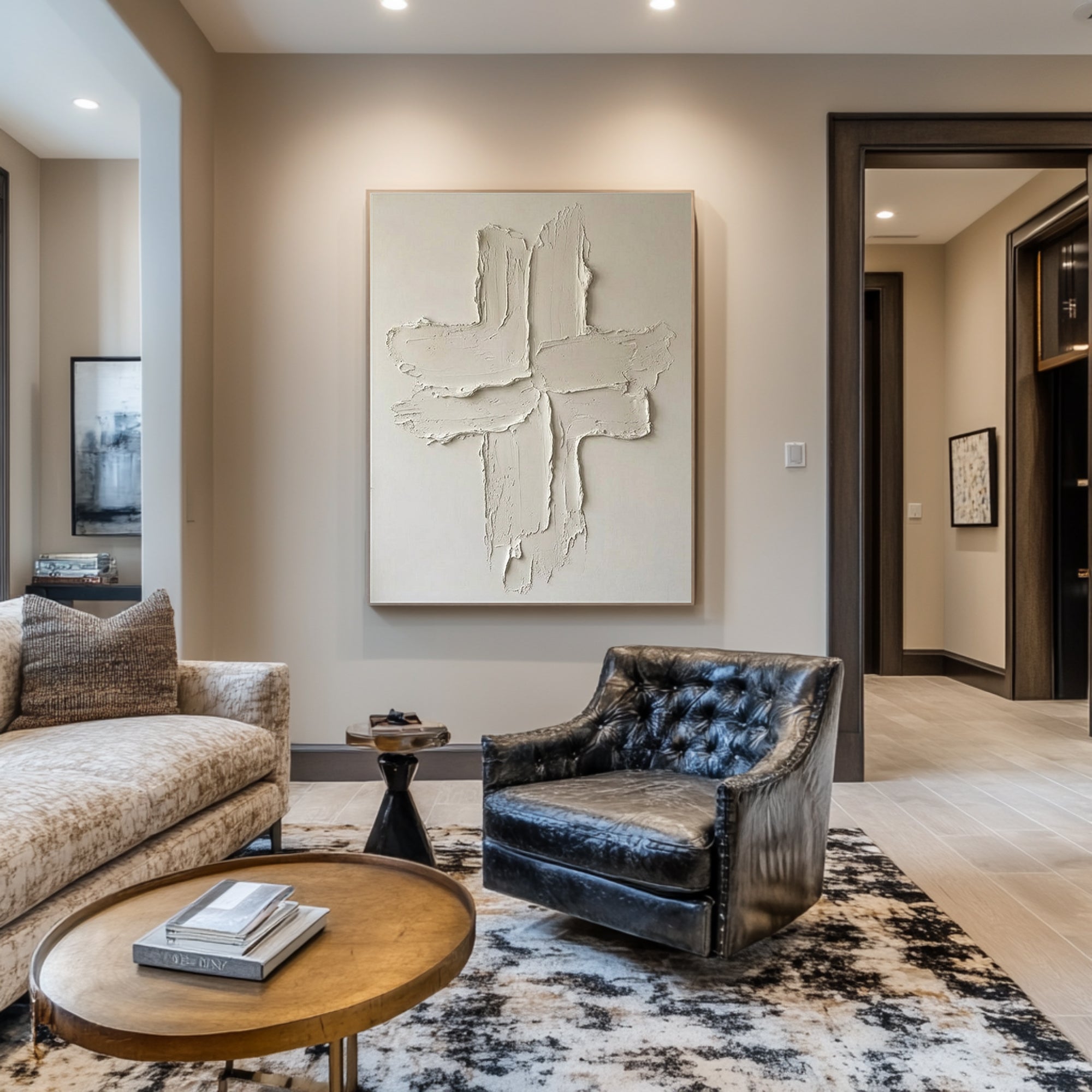 Large Minimalist Cross Texture Oil Painting for Modern Neutral Interiors