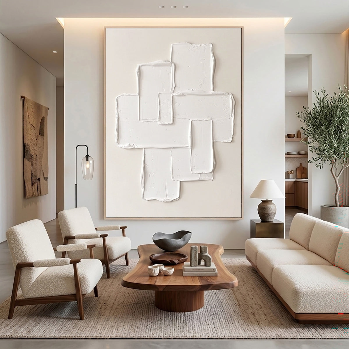 Large Cream Modernist Composition Textured Wall Art Ivory Neutral Abstract Oil Painting Raised Geometric Shapes Sculptural Impasto Minimalist Contemporary Luxury Decor