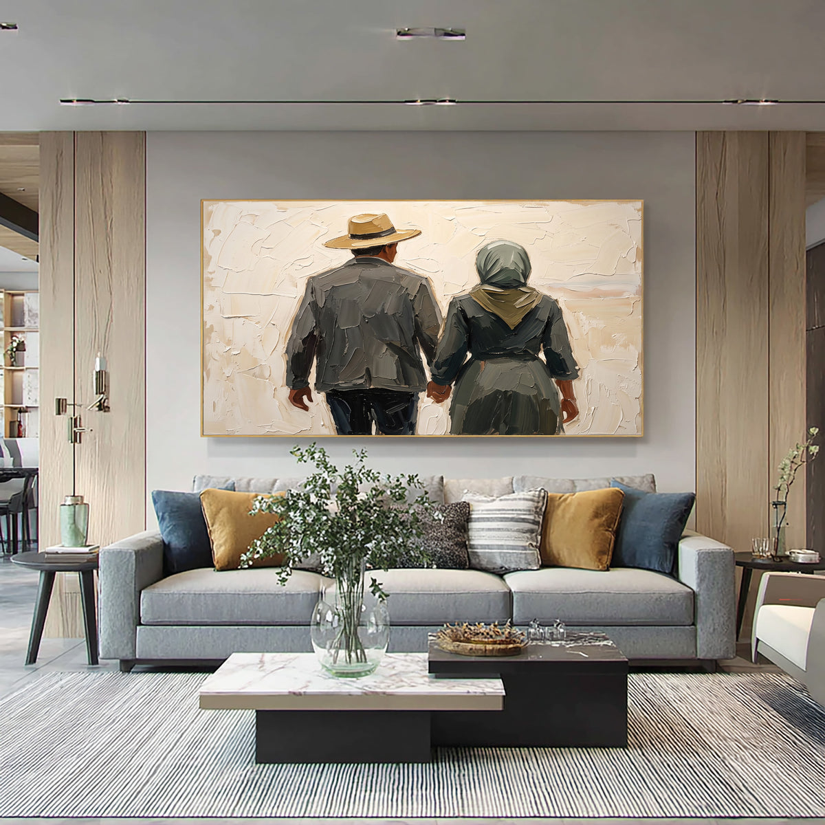 Large Textured Couple Painting Romantic Western Landscape Wall Art