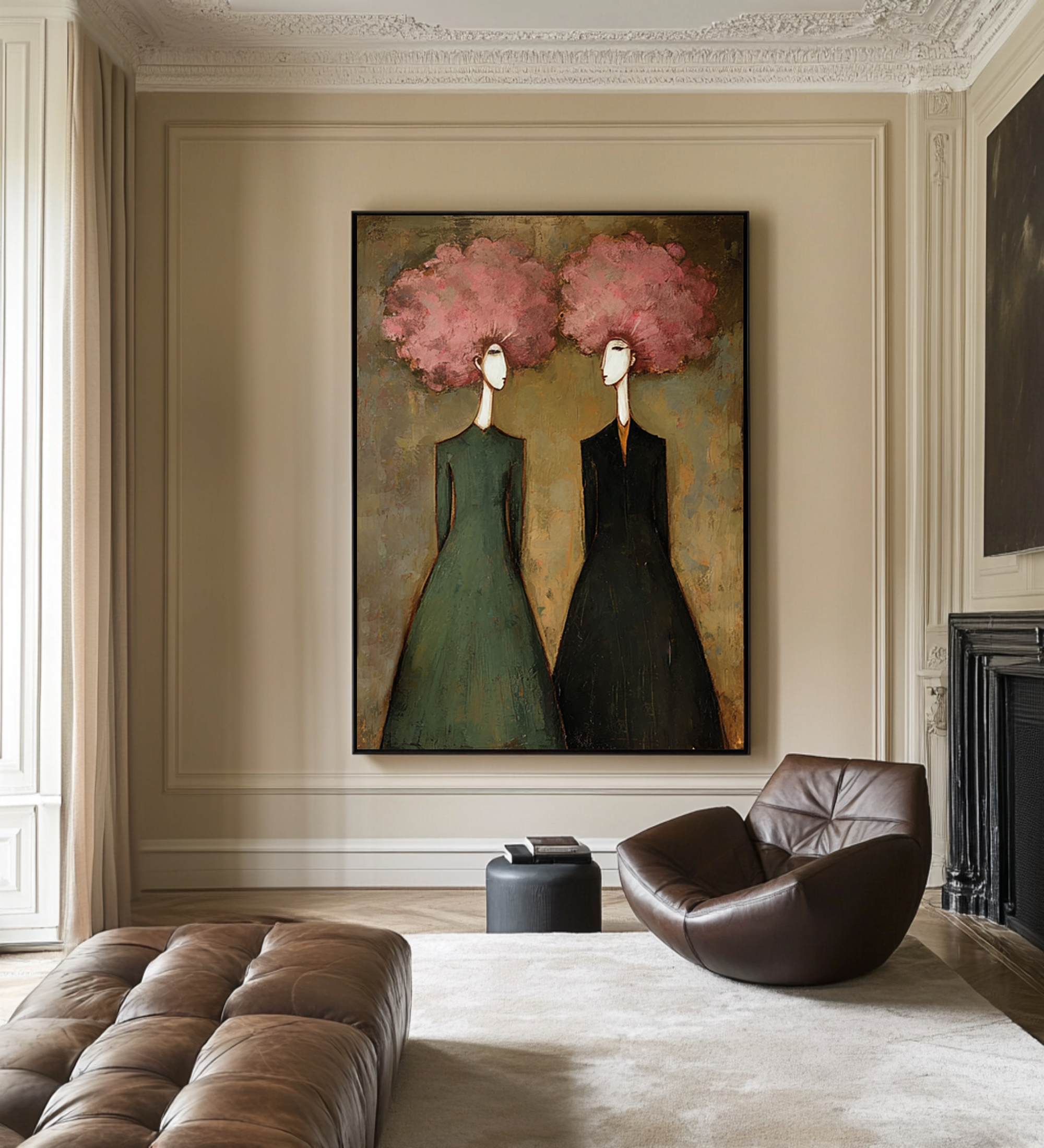 Large Abstract Pink Portrait Oil Painting – Modern Green and Black Wall Decor #WAB 044