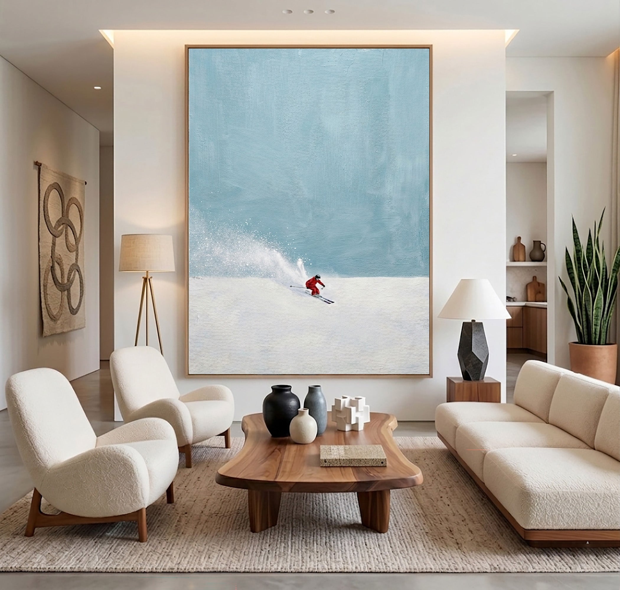 Large Minimalist Ski Wall Art Contemporary Winter Landscape Oil Painting