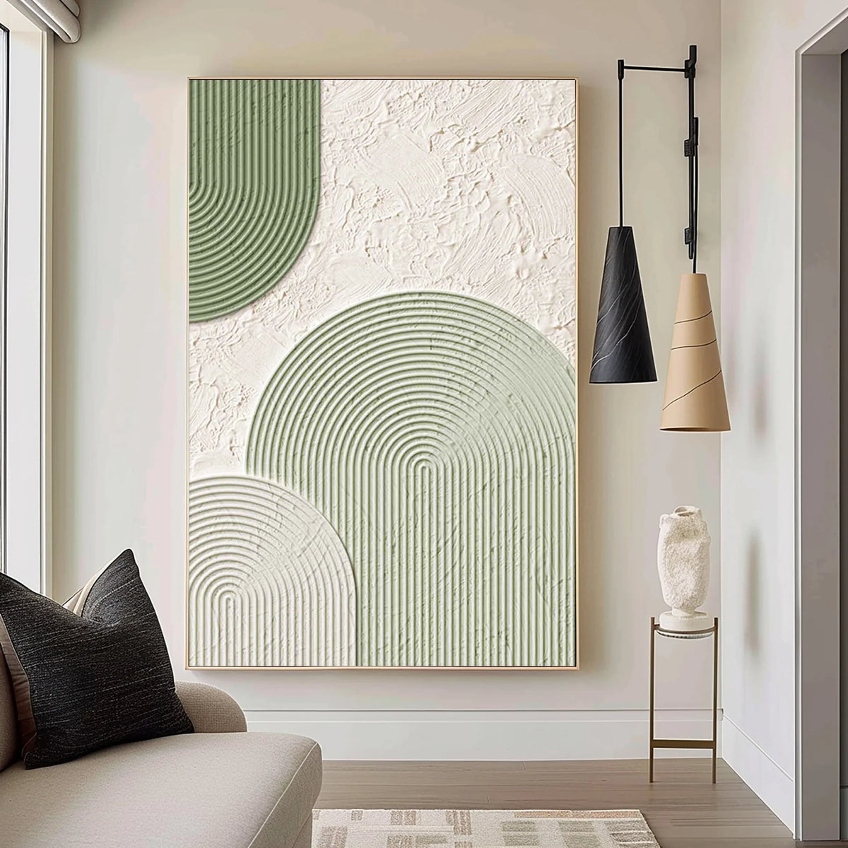 Sage Arch Motif Contemporary Wall Art Hand Painted Green Cream Geometric Home Decor Organic Modern Artwork
