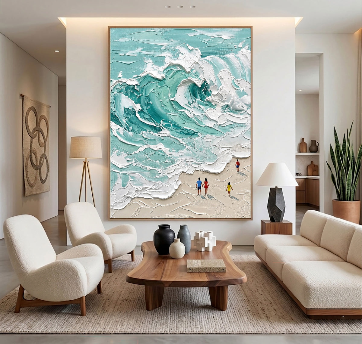 Large Minimal Turquoise Ocean Wave Wall Art Textured Oil Painting Coastal Seascape Beach House Artwork Modern Home Decor