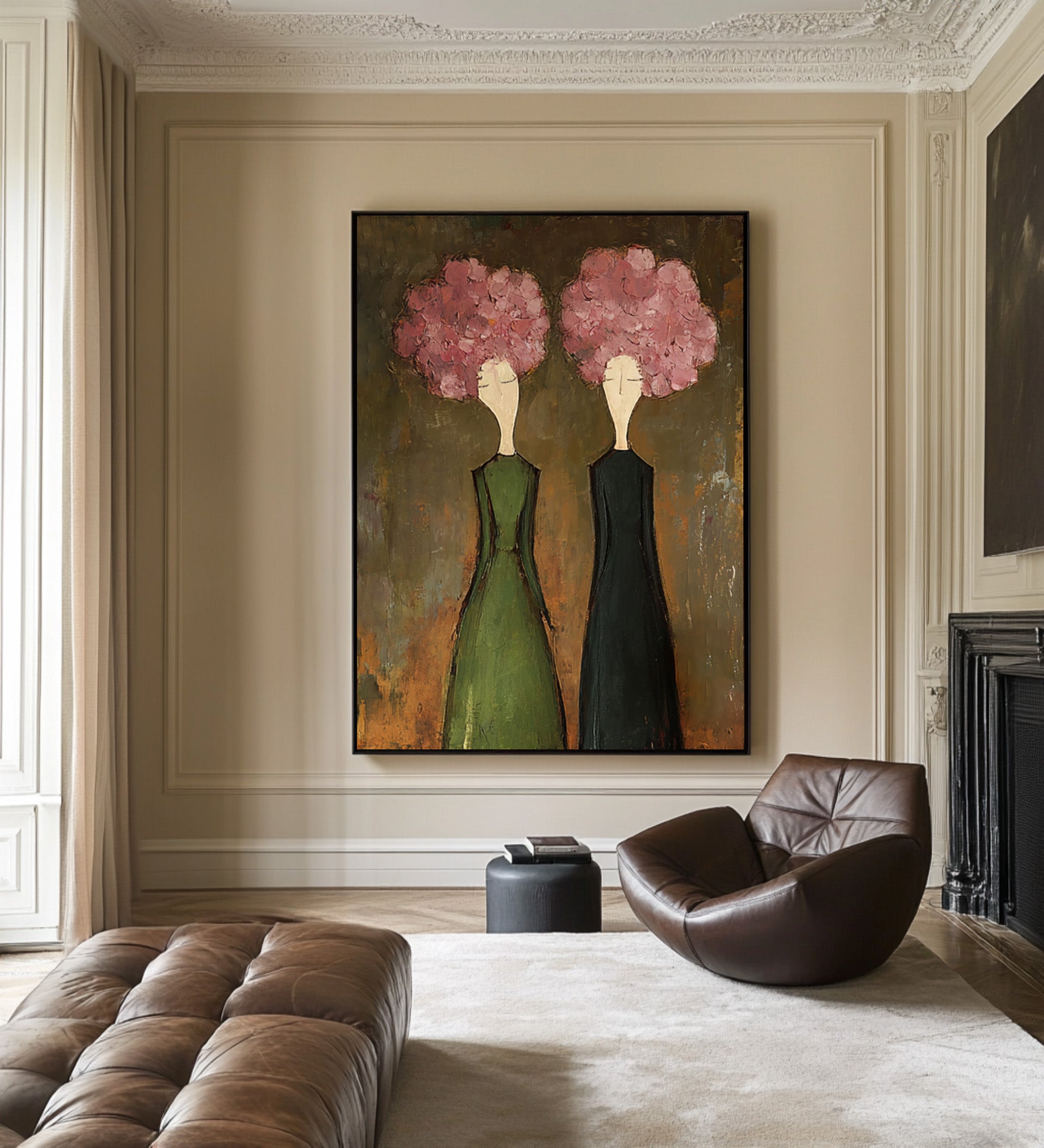 Large Modern Floral Portrait Oil Painting on Canvas – Elegant Green Dress Wall Art #WAB 042