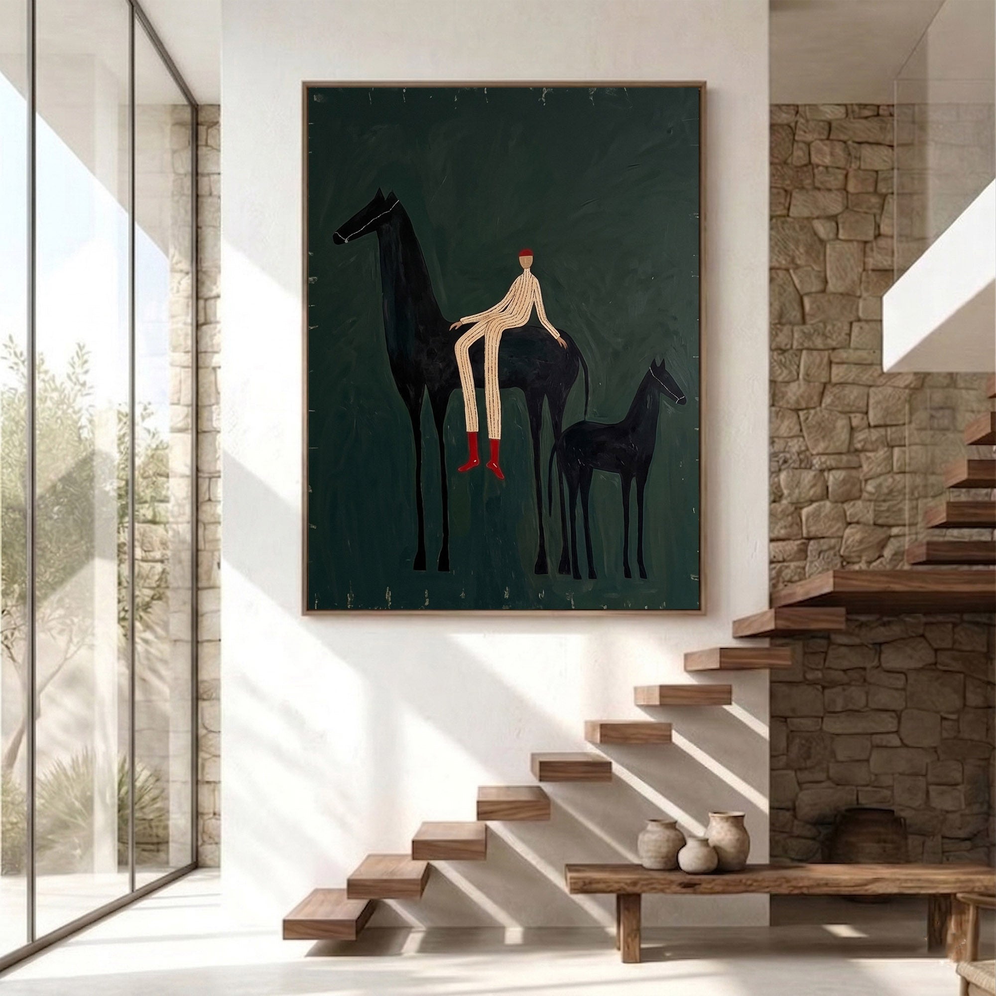 Large Cowboy Horse Wall Art Modern Western Horse Painting with Foal