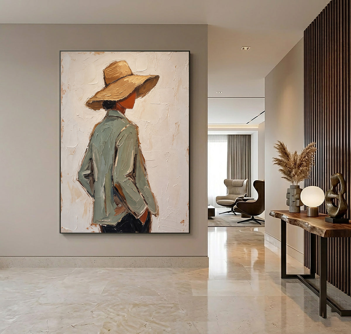 Textured Woman Portrait Sage Green Jacket Straw Hat Painting