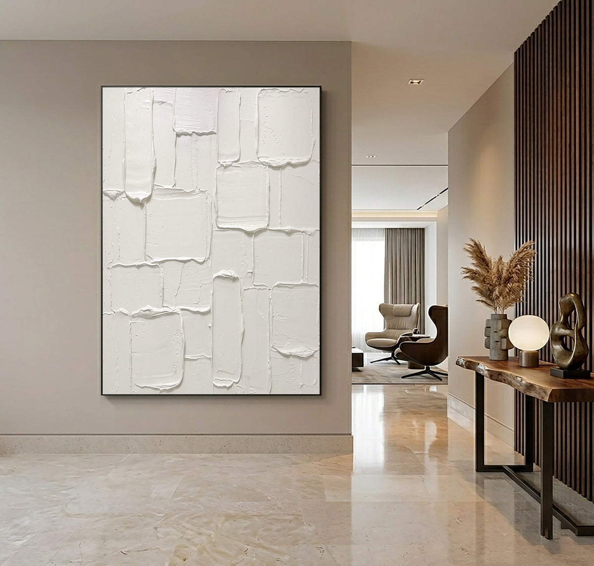Minimalist White Sculptural Textured Canvas Artwork Handmade Abstract Painting Neutral Modern Interior Decor