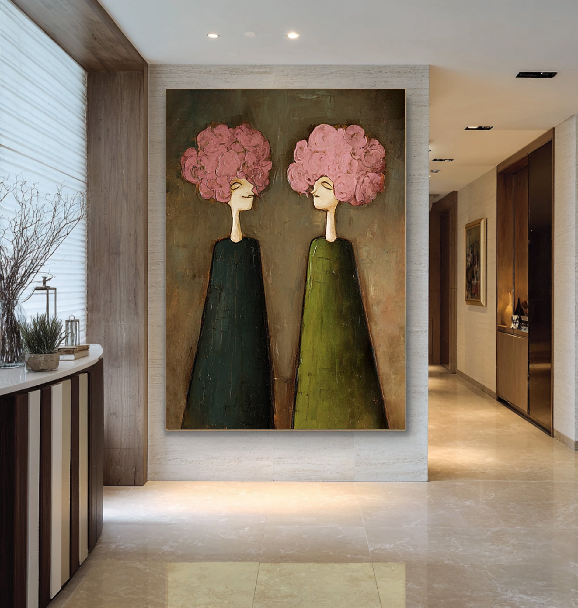 Large Pink Floral Portrait Oil Painting – Modern Green Dress Canvas Wall Decor #WAB 041
