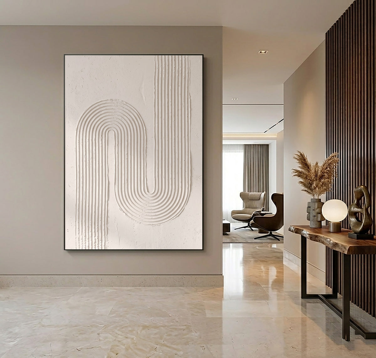 Continuous Lines Sculptural Minimalist Wall Artwork Handmade Textured Abstract Painting Neutral Modern Decor