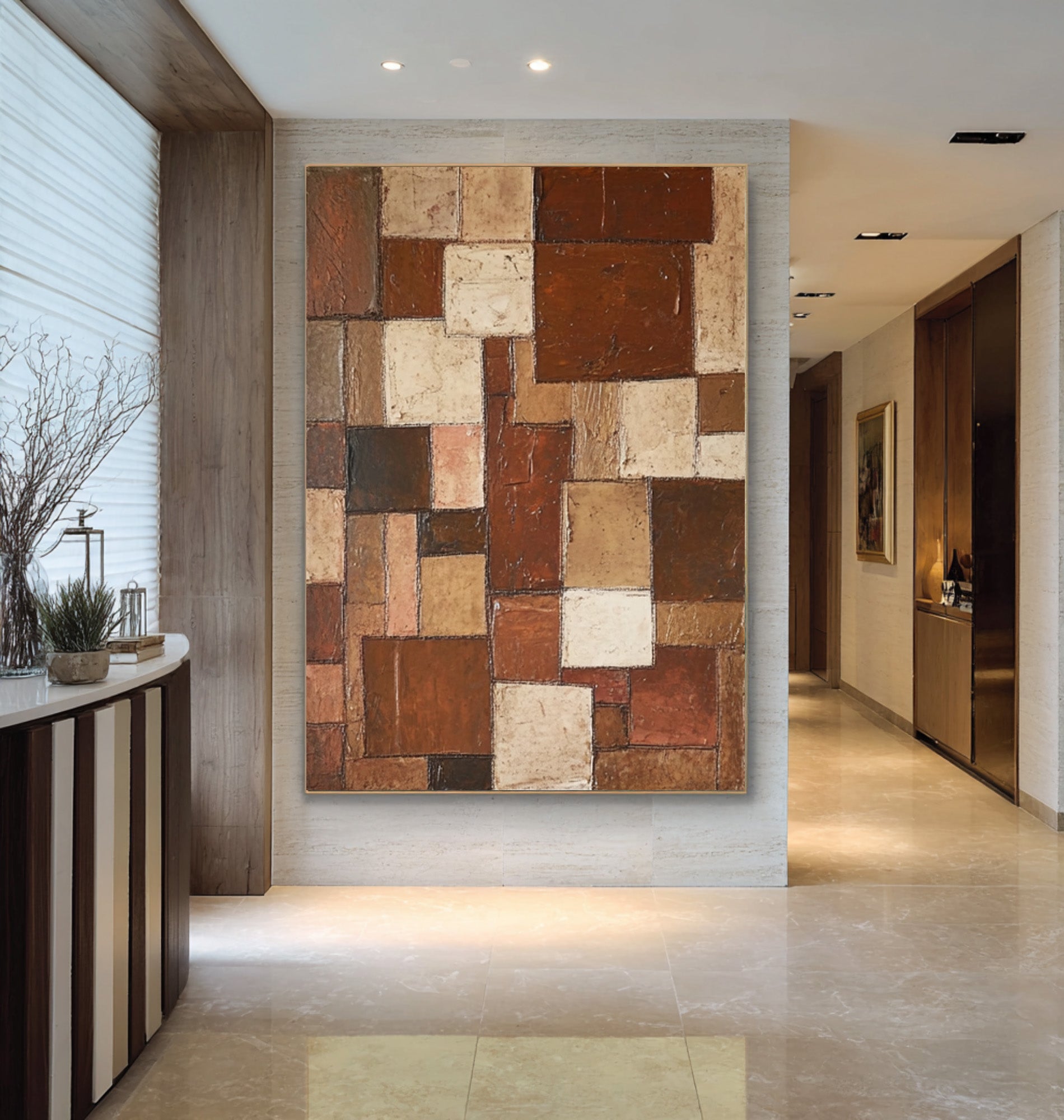 Large Abstract Oil Painting, Earth Tone Geometric Wall Art, Vertical Modern Entryway Decor | ArtvistaGallery #WAB 003