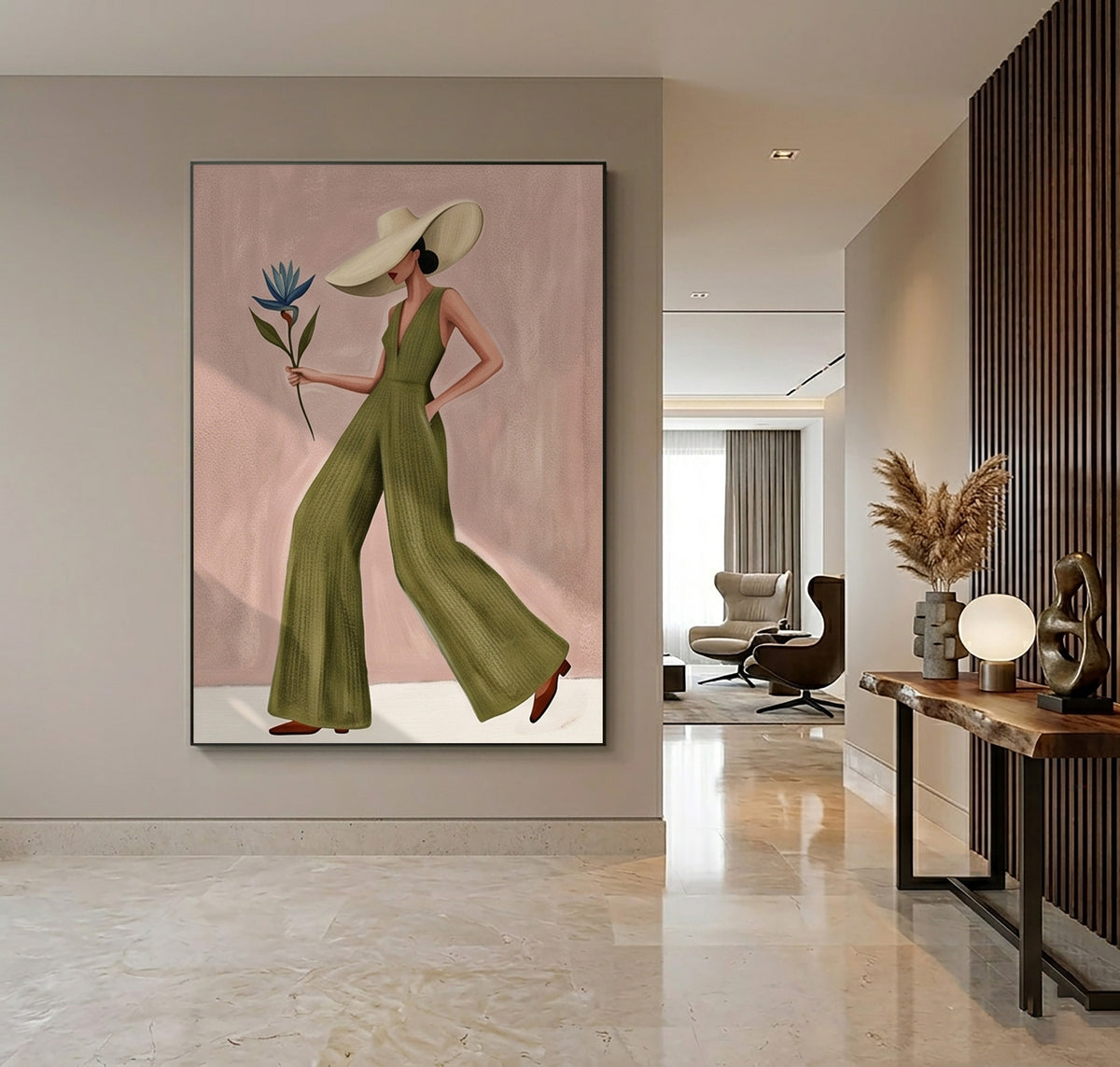 Fashion Woman Painting Green Jumpsuit Modern Wall Art