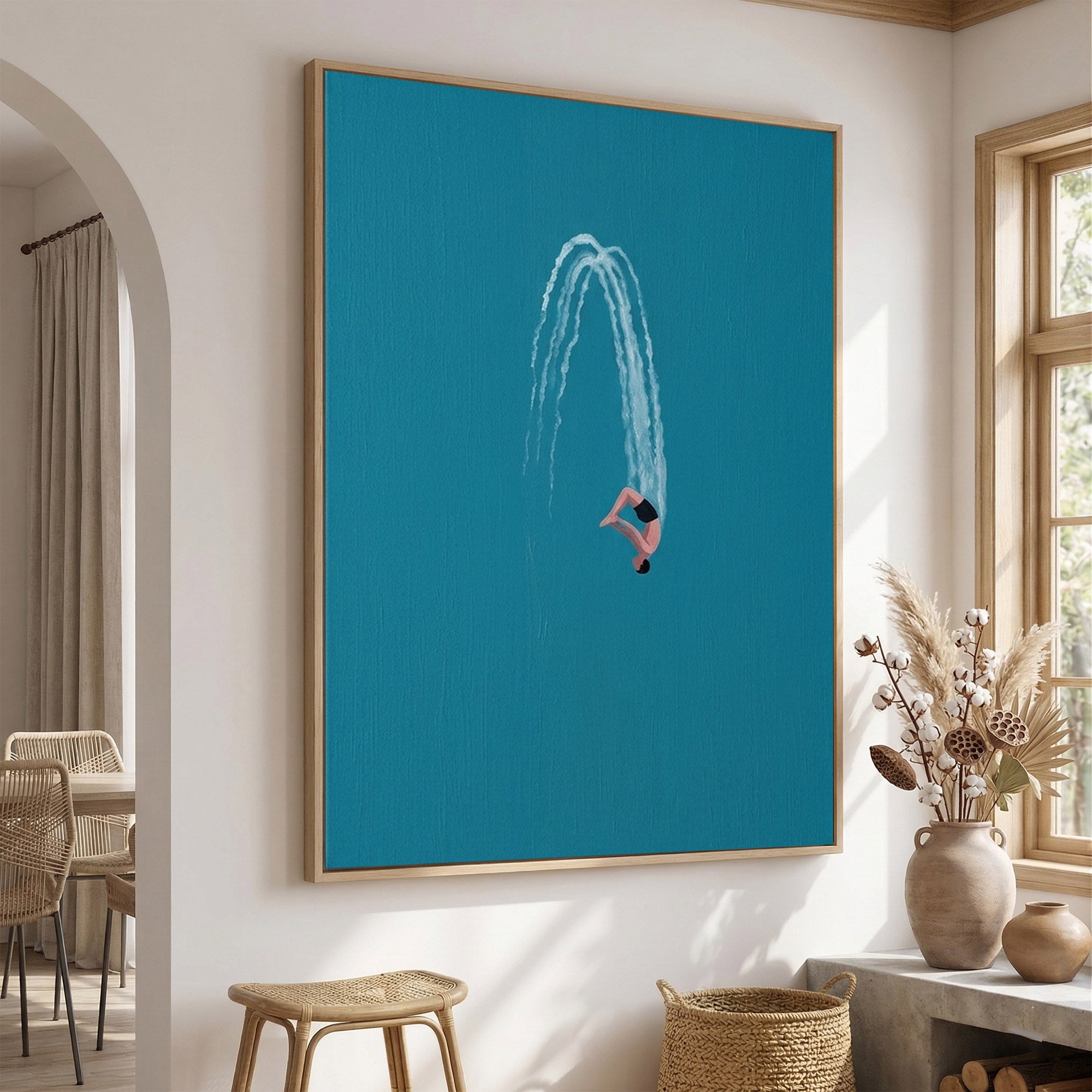 Large Minimalist Diver Wall Art Contemporary Ocean Blue Painting