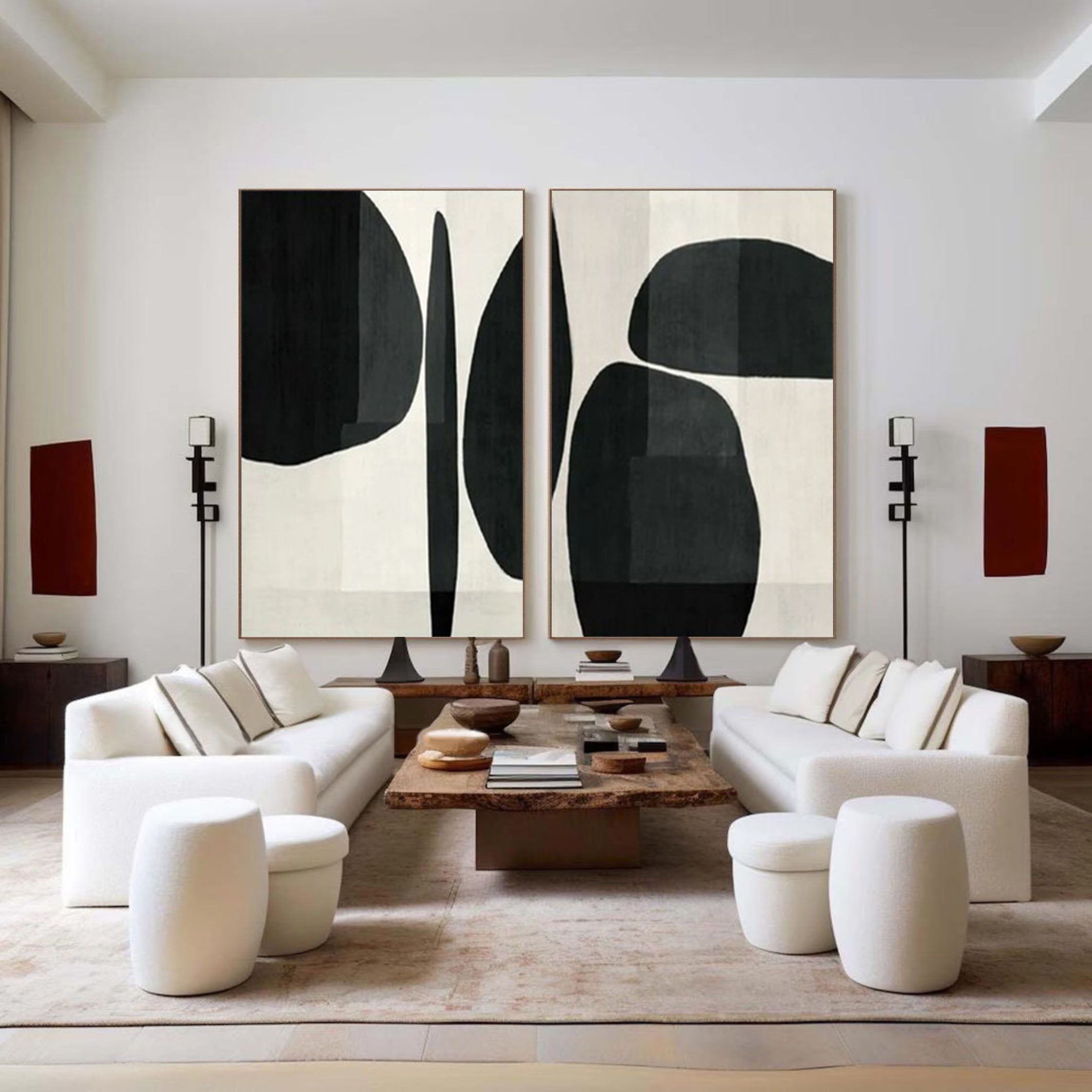 Abstract Geometric Canvas Art Black and White Painting Set of 2 #BWS 001