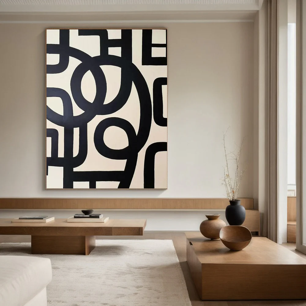 Large Abstract Oil Painting Black and White, Modern Geometric Wall Art for Living Room | ArtvistaGallery #WAB-031