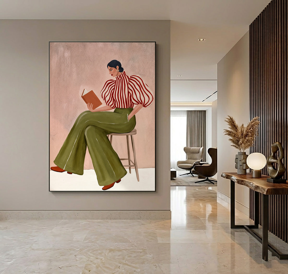 Fashion Woman Reading Book Striped Blouse Olive Green Pants Painting